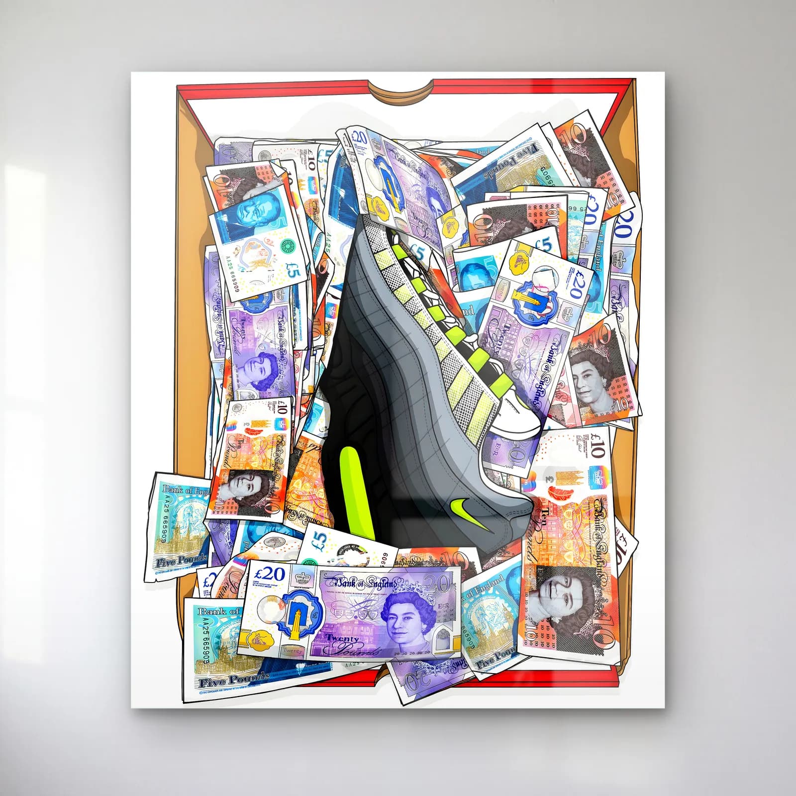Sterlin Dolu Kutuda Air Max 95 cam tablo — İngiliz sterlin banknotlarıyla dolu kutuda gri neon yeşil Air Max 95 sneaker