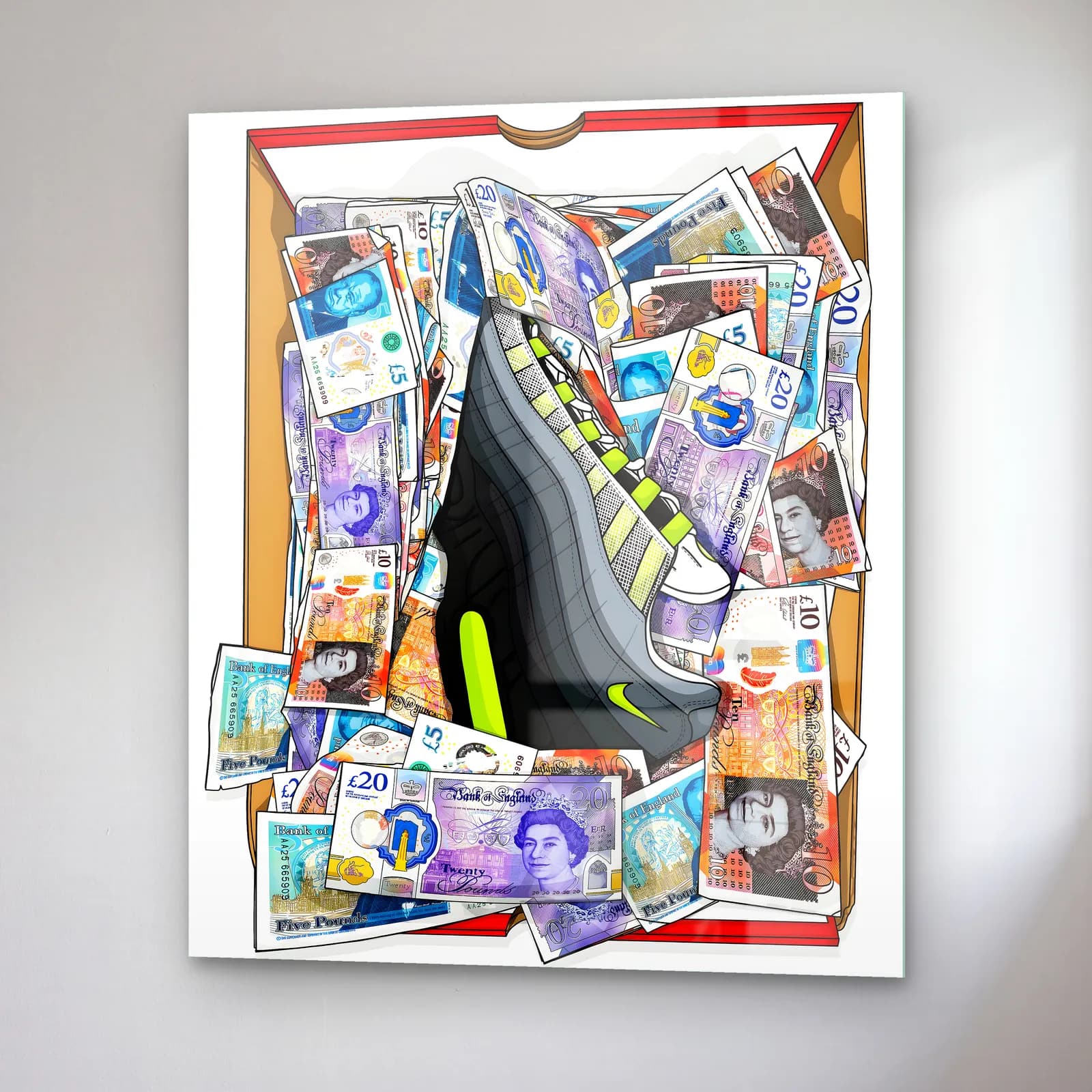 Sterlin Dolu Kutuda Air Max 95 cam tablo — sağ açıdan görünüm