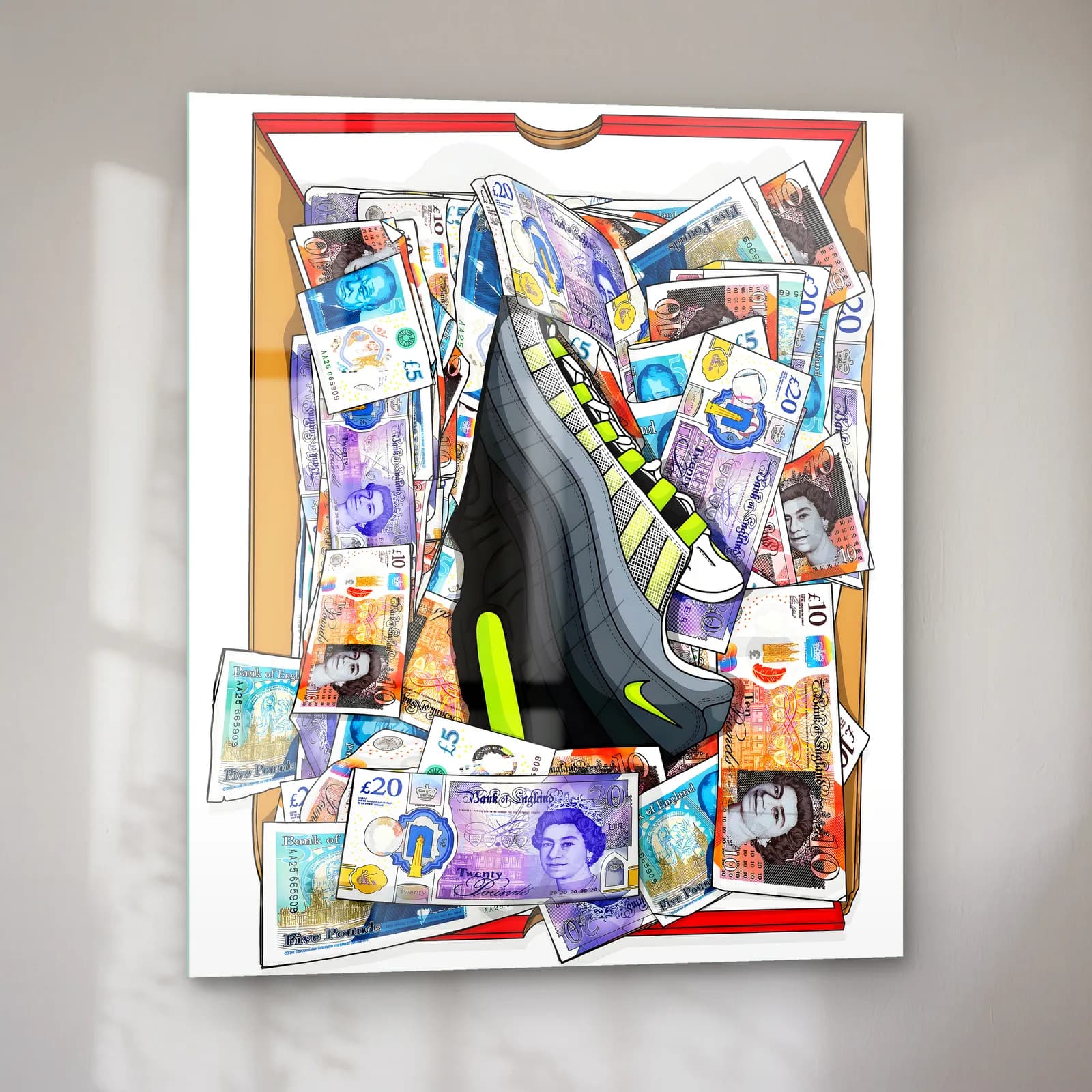 Sterlin Dolu Kutuda Air Max 95 cam tablo — sol açıdan görünüm