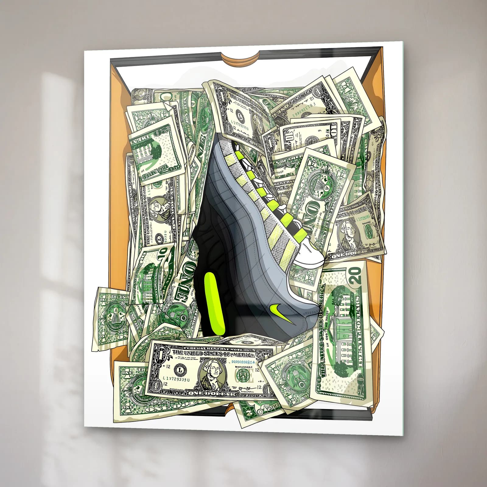 Dolar Dolu Kutuda Air Max 95 cam tablo — sağ açıdan görünüm