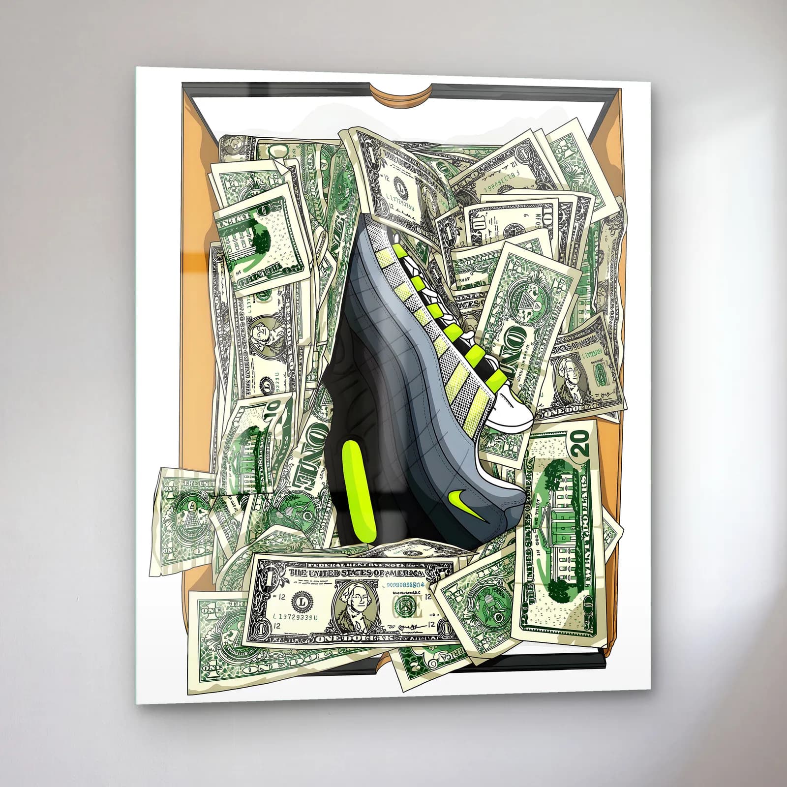 Dolar Dolu Kutuda Air Max 95 cam tablo — sol açıdan görünüm