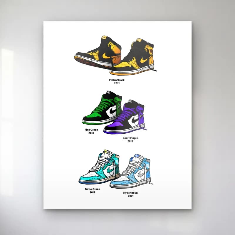Air Jordan 1 Renk Serisi cam tablo — Beyaz zeminde sarı, yeşil, mor, turkuaz ve mavi renkli Air Jordan 1 sneaker çizimleri