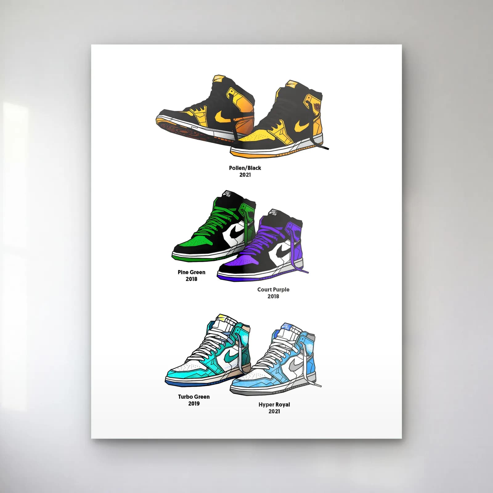 Air Jordan 1 Renk Serisi cam tablo — Beyaz zeminde sarı, yeşil, mor, turkuaz ve mavi renkli Air Jordan 1 sneaker çizimleri