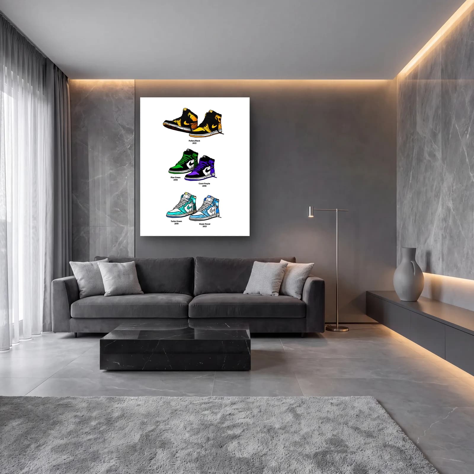 Air Jordan 1 Renk Serisi cam tablo — lüks salon duvarında