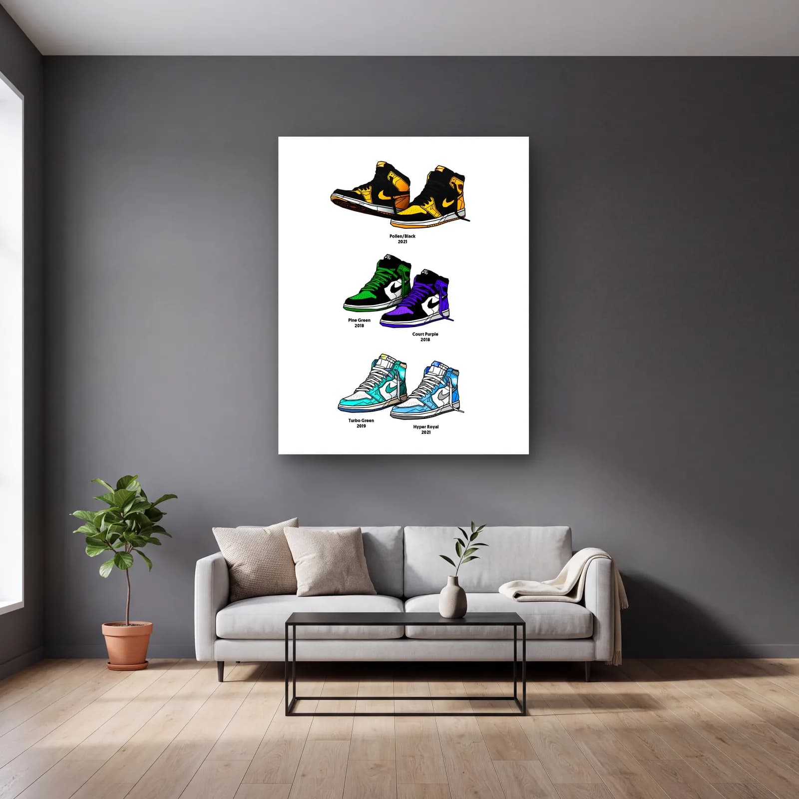 Air Jordan 1 Renk Serisi cam tablo — gri duvarlı salonda