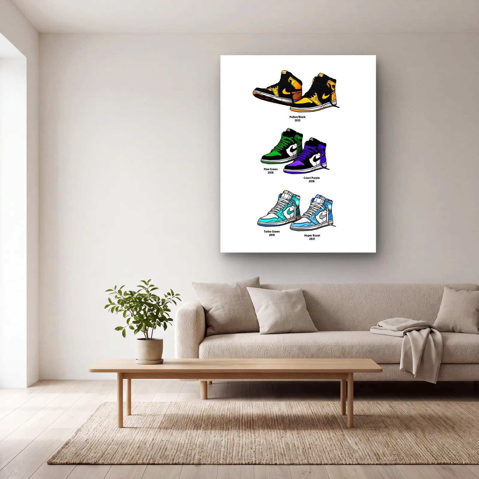 Air Jordan 1 Renk Serisi cam tablo — açık renk salonda