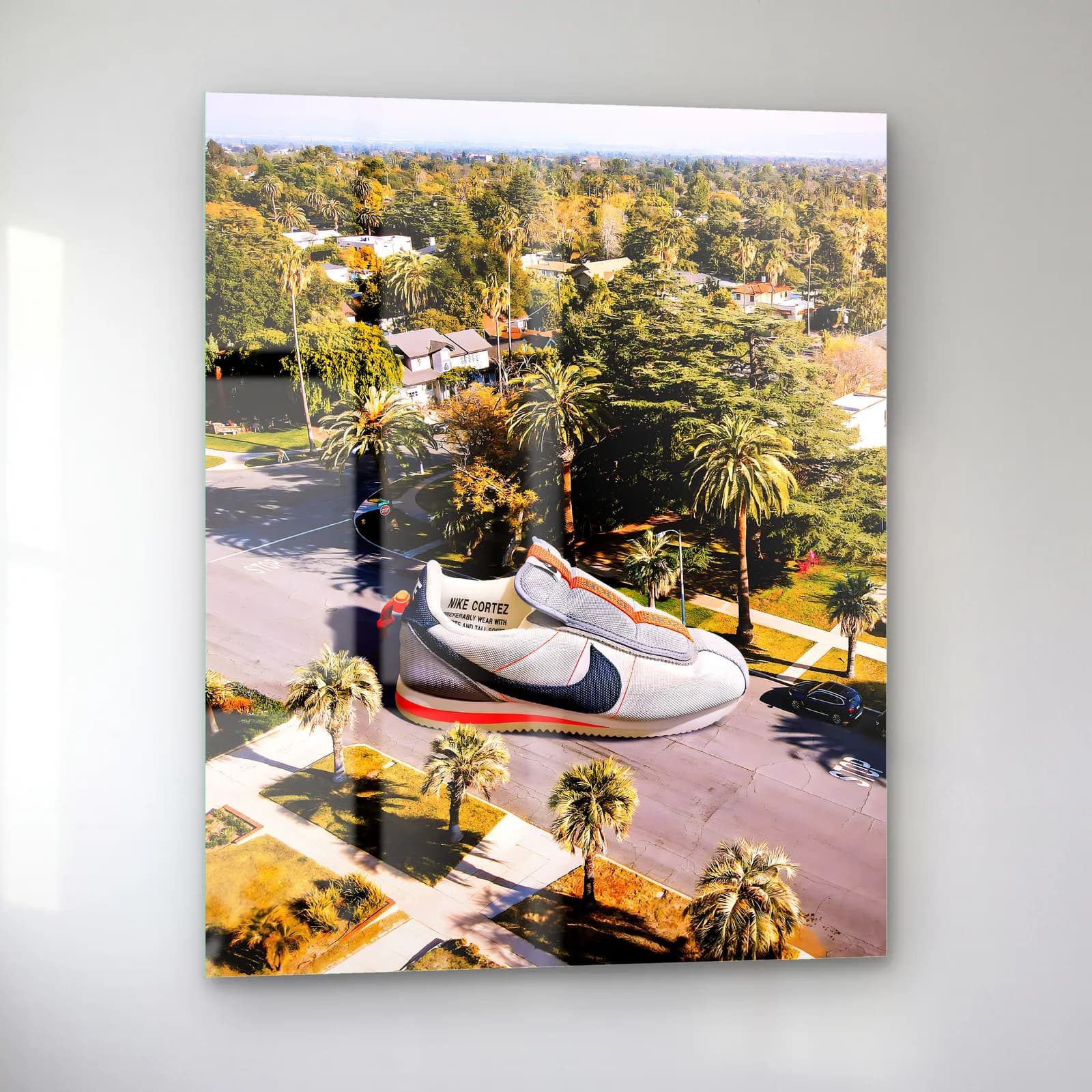 Palmiyeli Sokakta Dev Nike Cortez cam tablo — sol açıdan görünüm