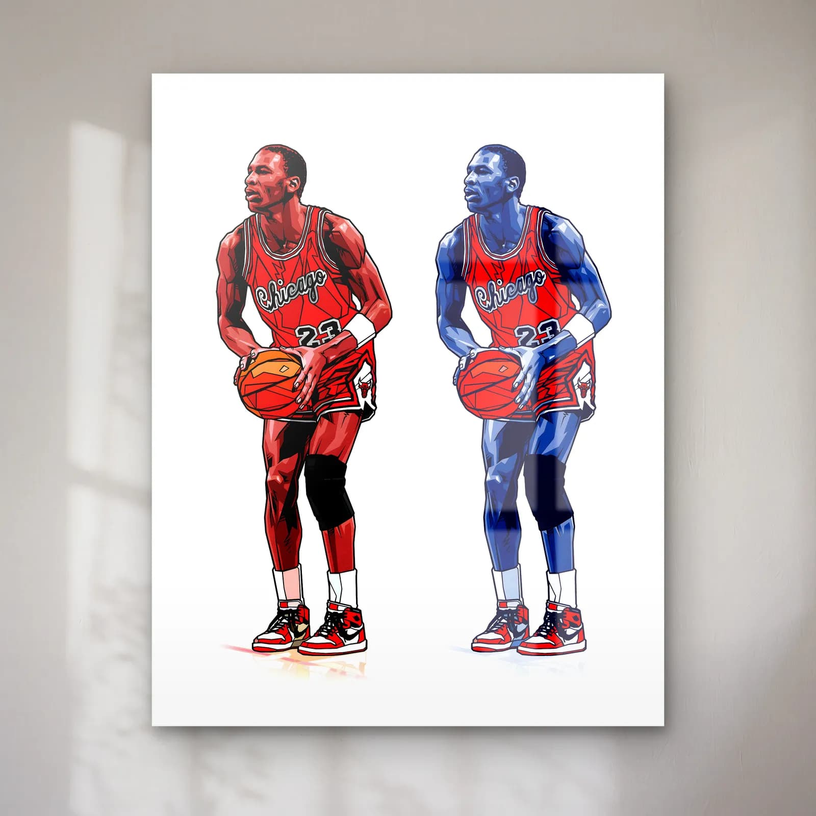 Michael Jordan Kırmızı ve Mavi cam tablo — Beyaz zeminde topla duran 23 numaralı Michael Jordan'ın kırmızı ve mavi iki çizimi