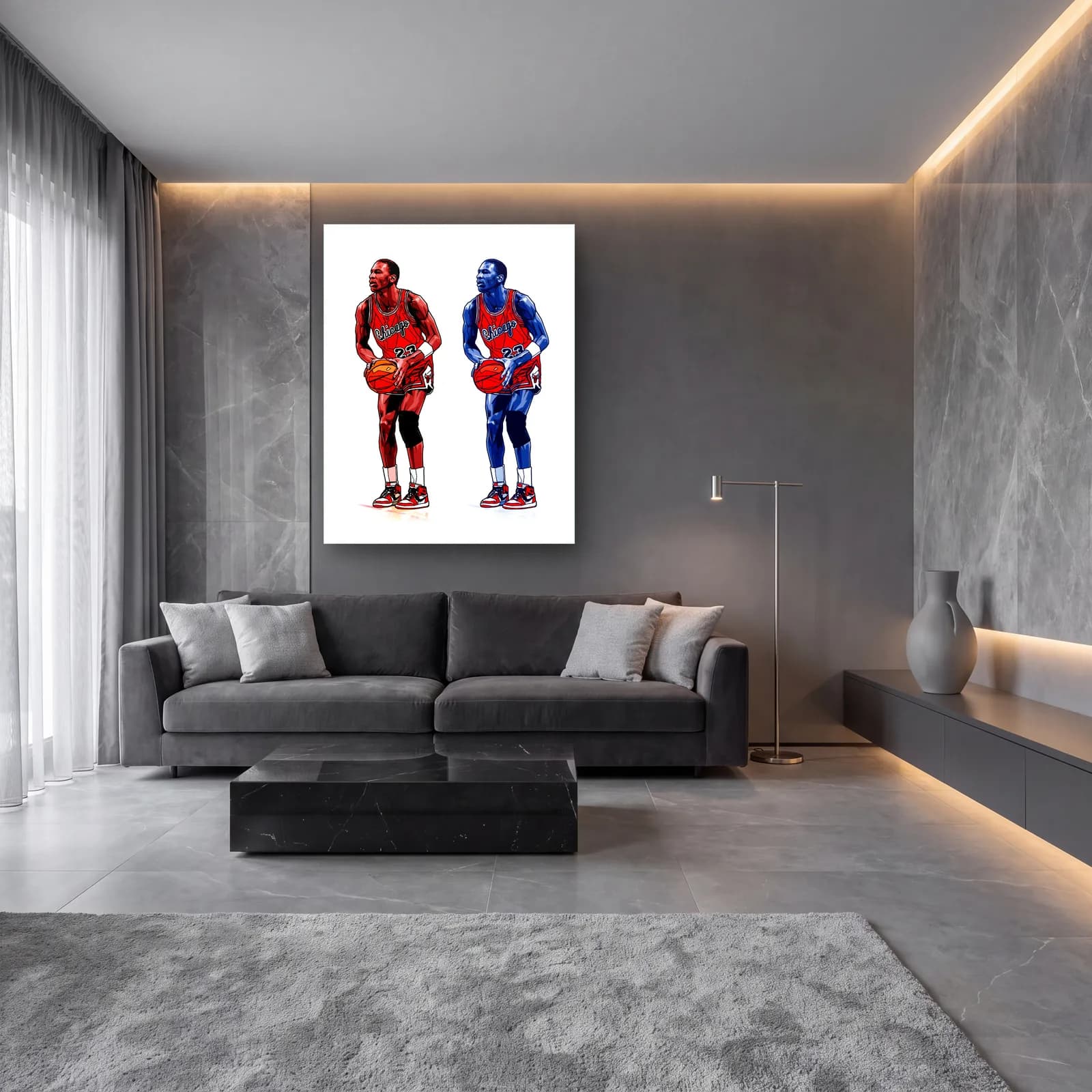 Michael Jordan Kırmızı ve Mavi cam tablo — lüks salon duvarında
