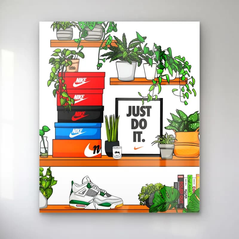Just Do It Sneaker Rafı cam tablo — Beyaz zeminde Nike ayakkabı kutuları, bitkiler ve Just Do It çerçeveli raf illüstrasyonu