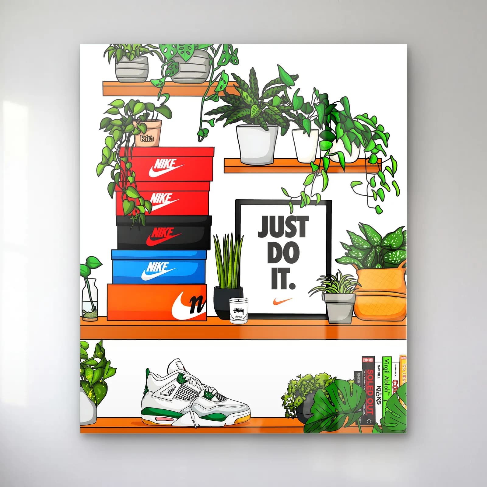Just Do It Sneaker Rafı cam tablo — Beyaz zeminde Nike ayakkabı kutuları, bitkiler ve Just Do It çerçeveli raf illüstrasyonu