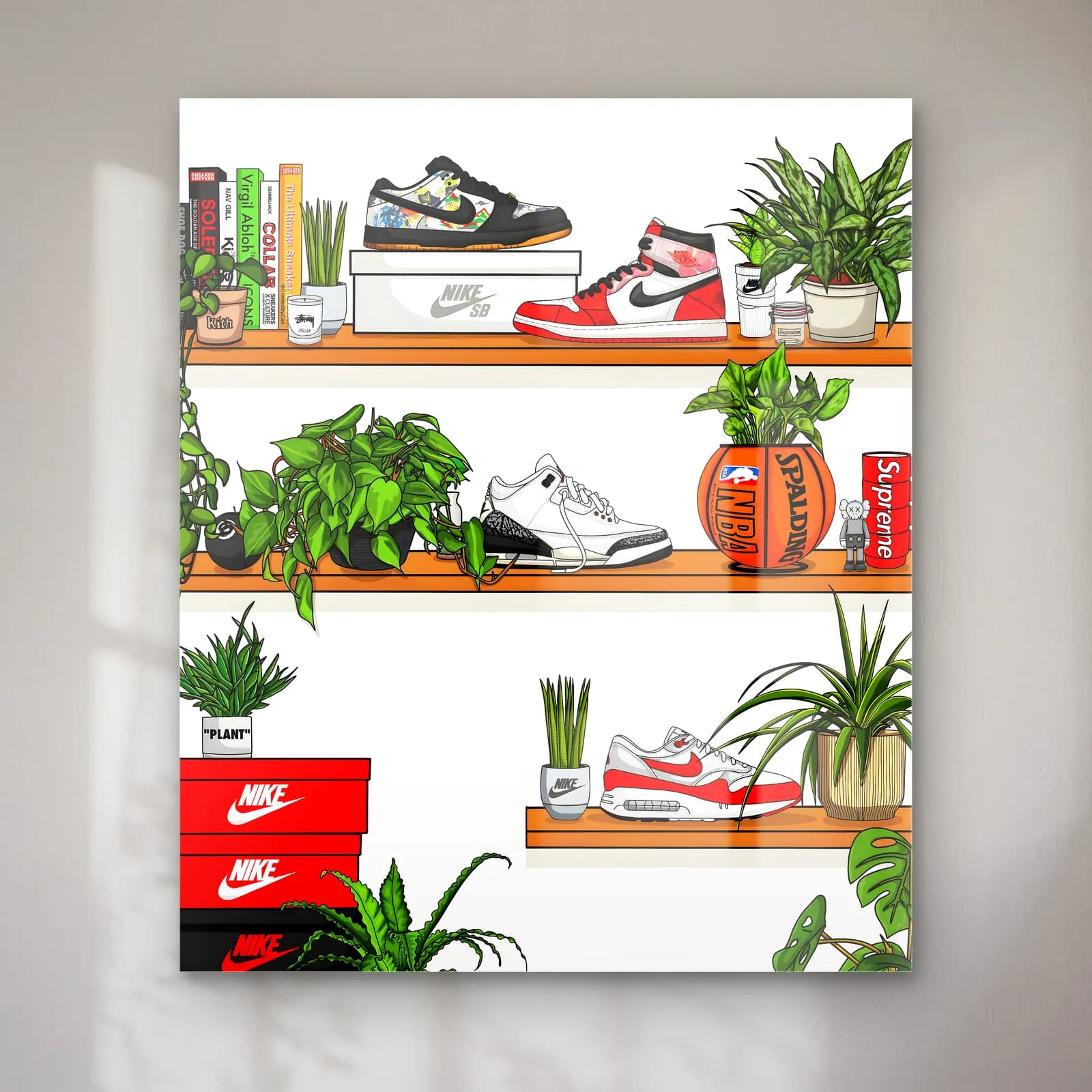 Bitkili Sneaker Koleksiyon Rafı cam tablo — Beyaz zeminde ahşap raflarda sneakerlar, kitaplar ve yeşil saksı bitkileri çizimi