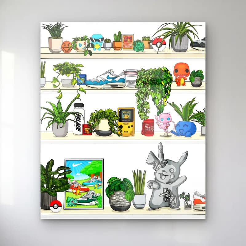 Pokémon ve Sneaker Rafı cam tablo — Raflarda sneakerlar, bitkiler, Game Boy, Pikachu ve Charmander figürleri illüstrasyonu