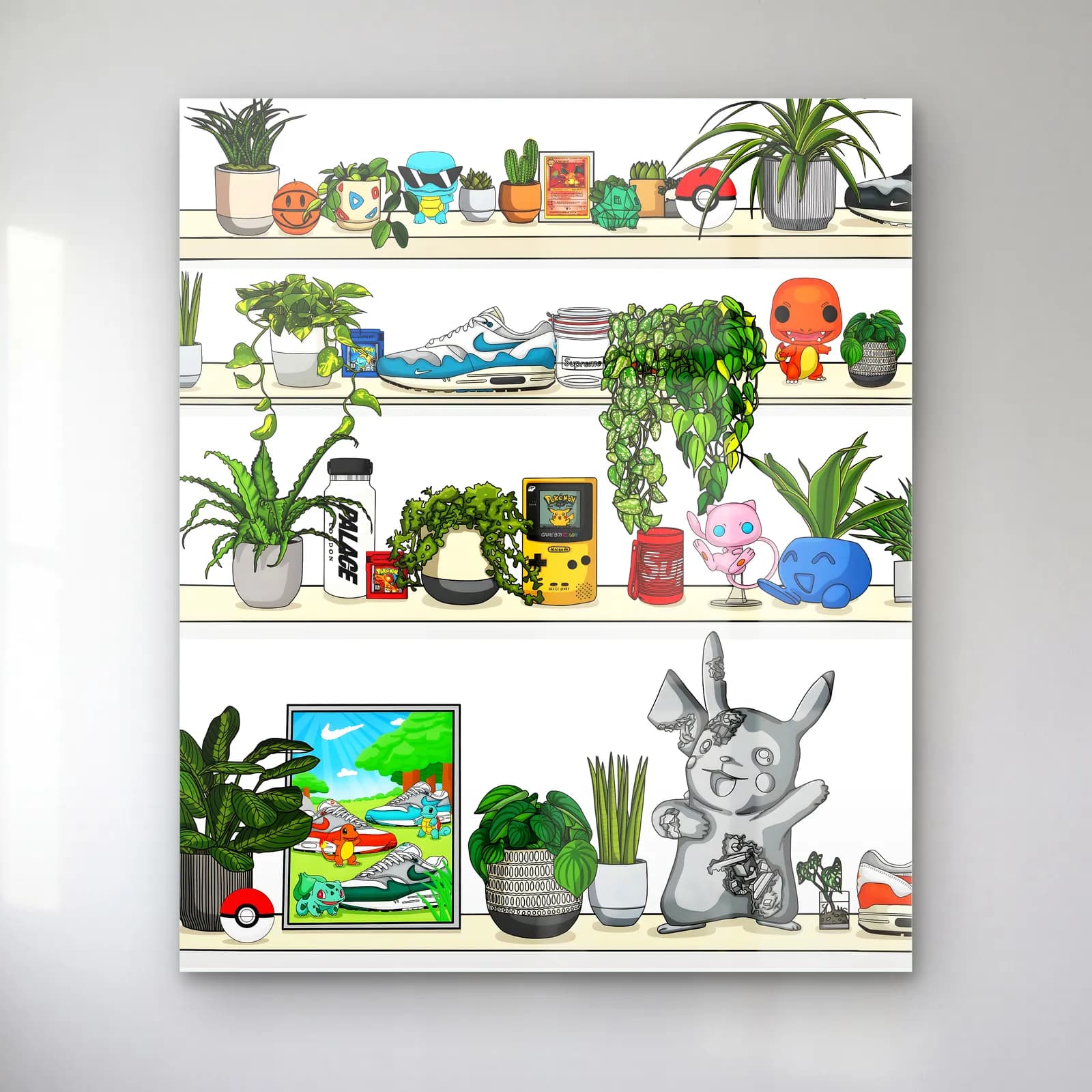 Pokémon ve Sneaker Rafı cam tablo — Raflarda sneakerlar, bitkiler, Game Boy, Pikachu ve Charmander figürleri illüstrasyonu