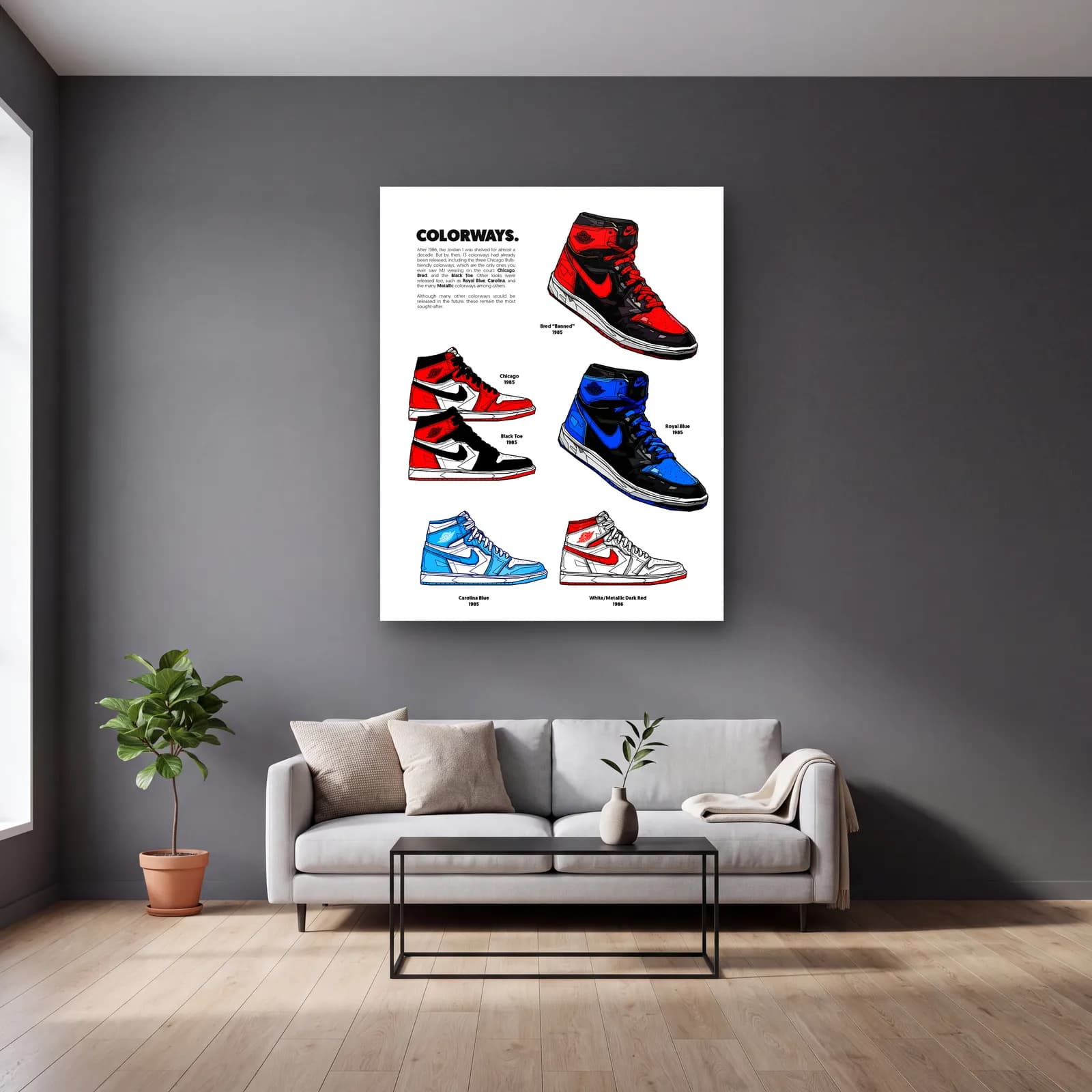 Jordan 1 Colorways Posteri cam tablo — gri duvarlı salonda