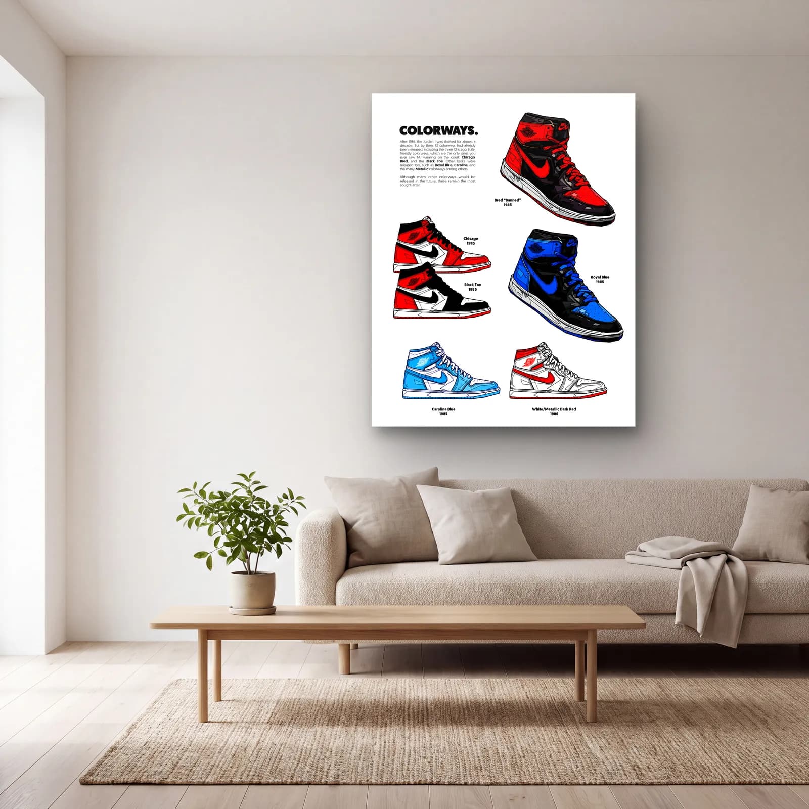 Jordan 1 Colorways Posteri cam tablo — açık renk salonda