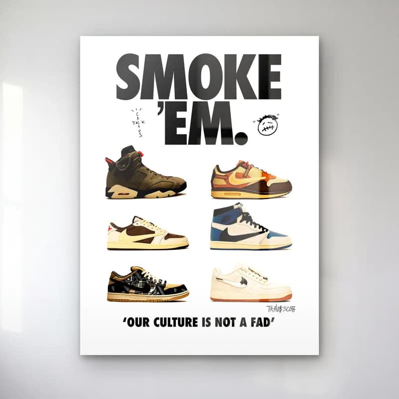 Smoke 'Em Sneaker Posteri cam tablo — Beyaz zeminde Smoke 'Em yazısı altında kahverengi ve bej tonlu altı sneaker modeli