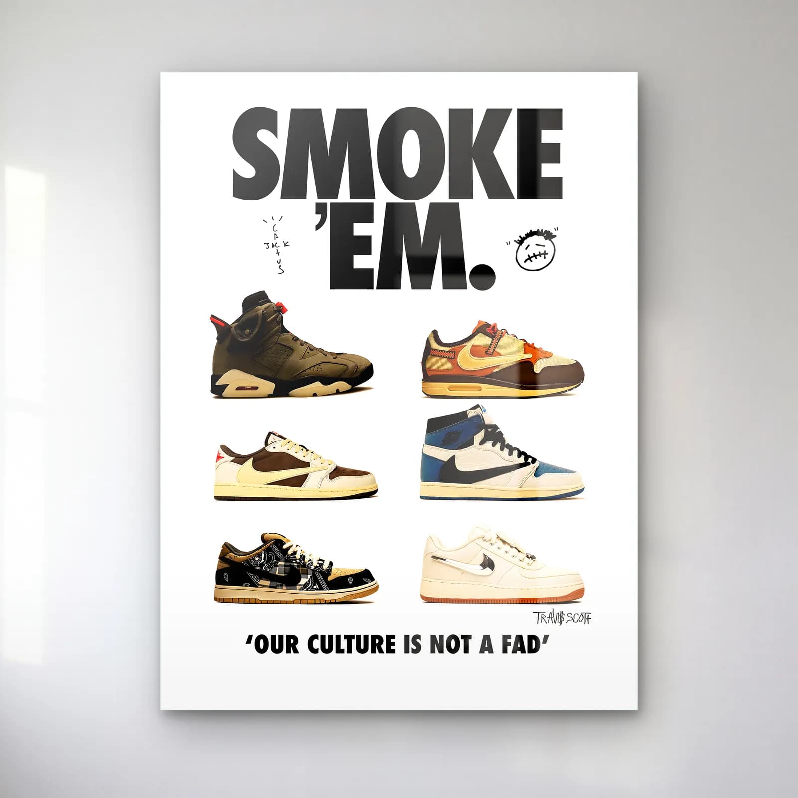 Smoke 'Em Sneaker Posteri cam tablo — Beyaz zeminde Smoke 'Em yazısı altında kahverengi ve bej tonlu altı sneaker modeli