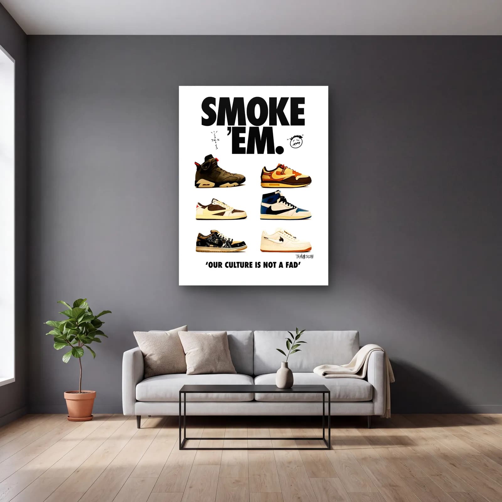 Smoke 'Em Sneaker Posteri cam tablo — gri duvarlı salonda