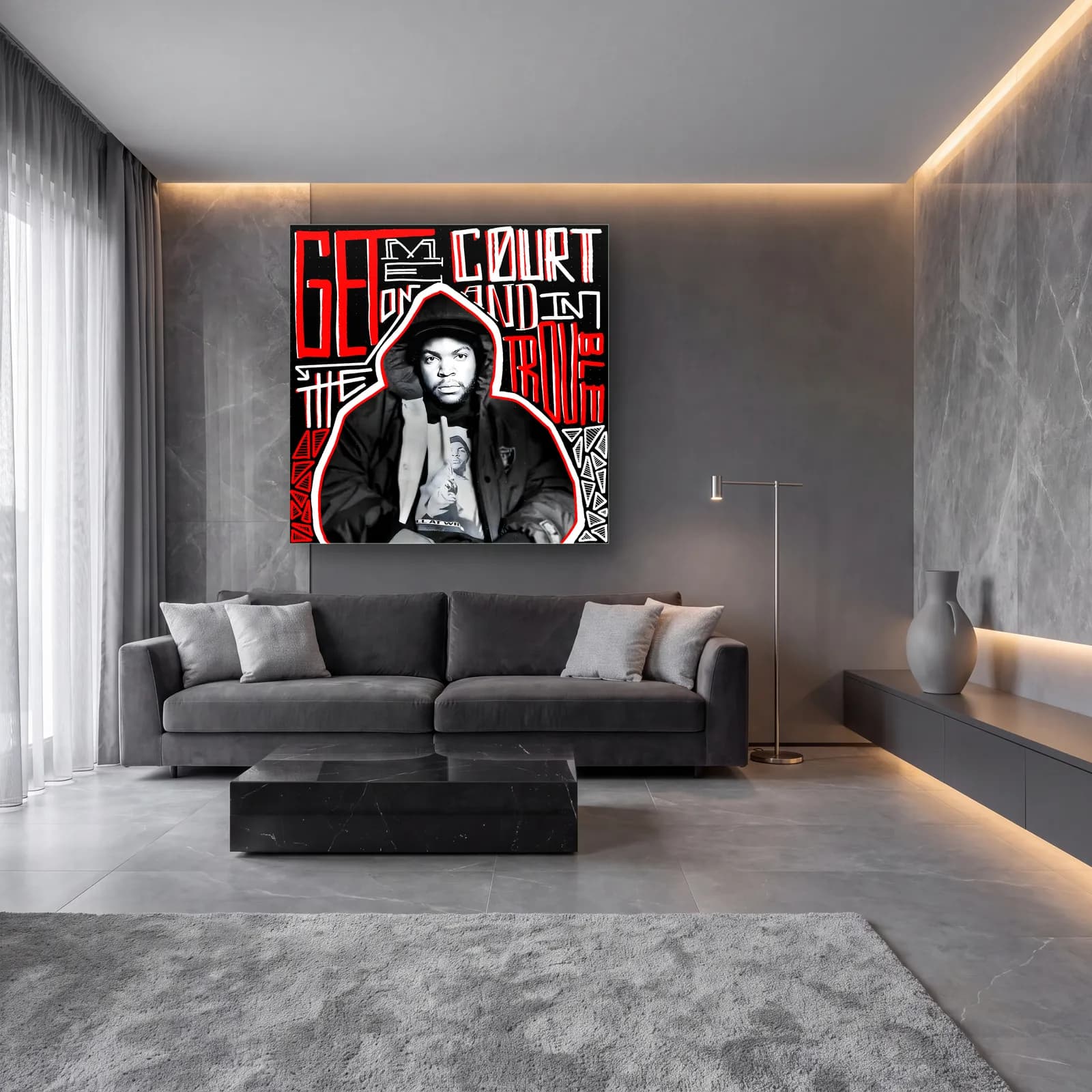 Ice Cube Grafiti Portresi cam tablo — lüks salon duvarında