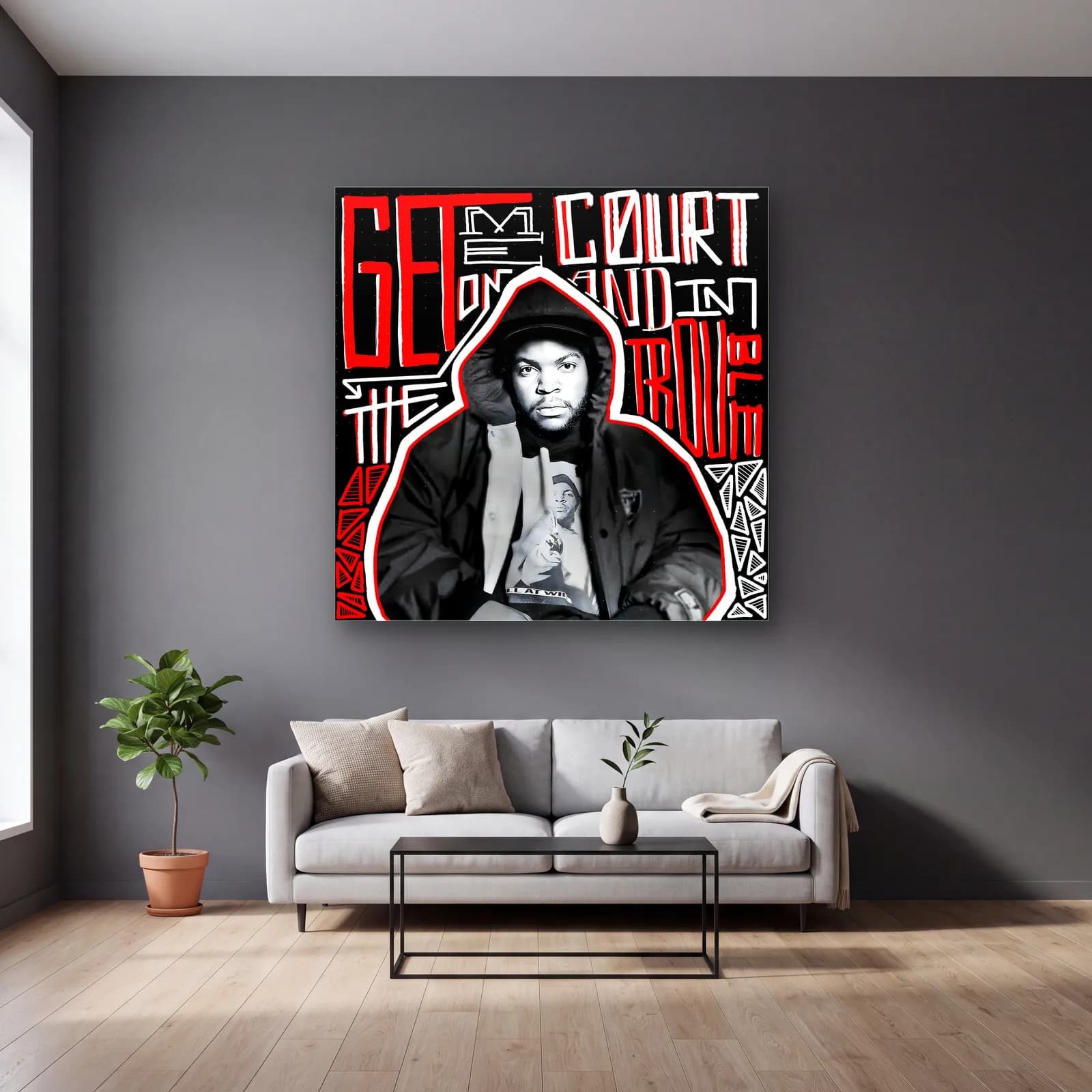 Ice Cube Grafiti Portresi cam tablo — gri duvarlı salonda
