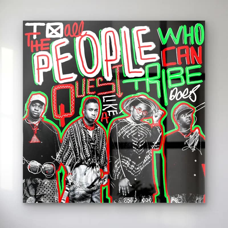 A Tribe Called Quest Grafiti cam tablo — Siyah zeminde renkli People yazısı altında dört kişilik hip hop grubunun portresi