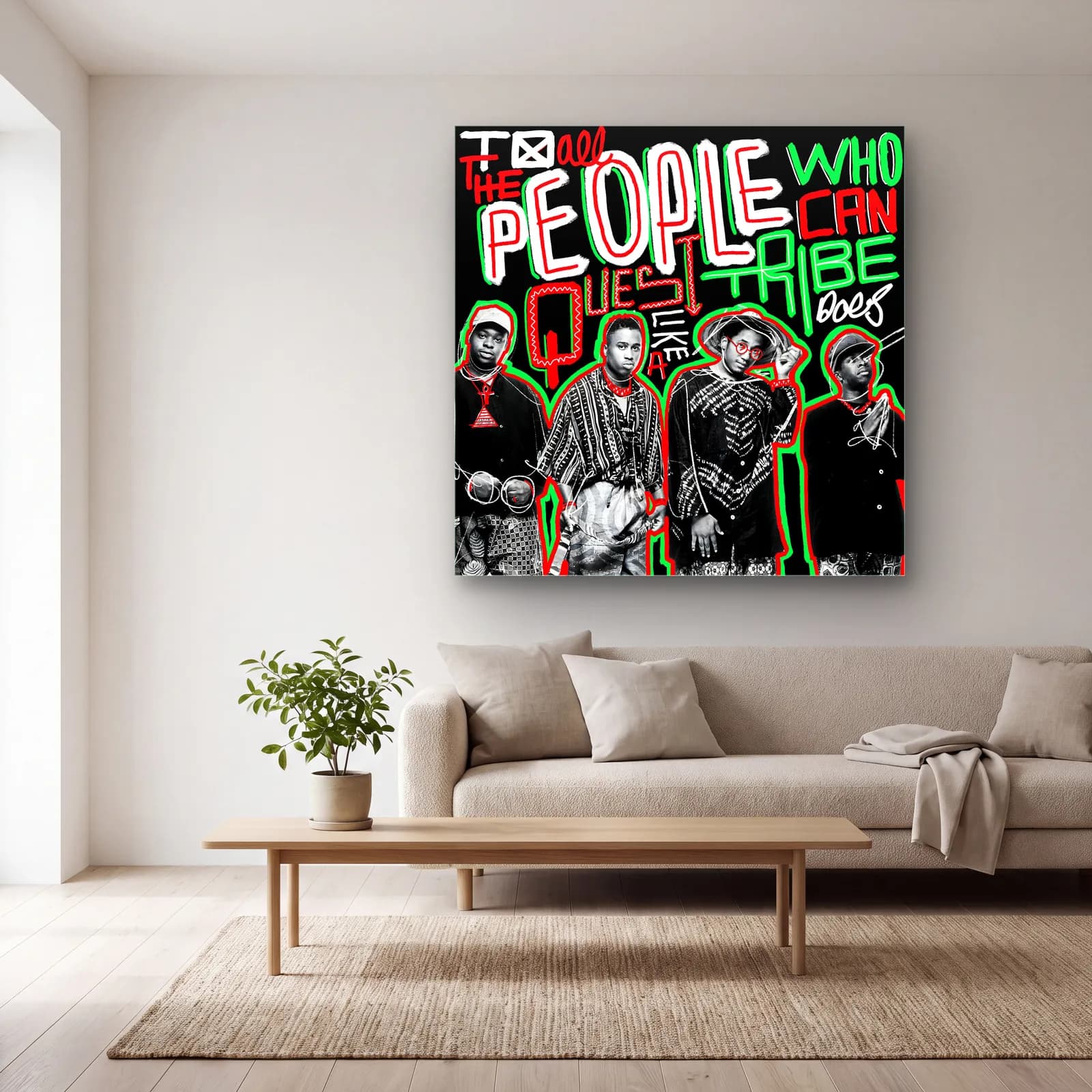 A Tribe Called Quest Grafiti cam tablo — açık renk salonda