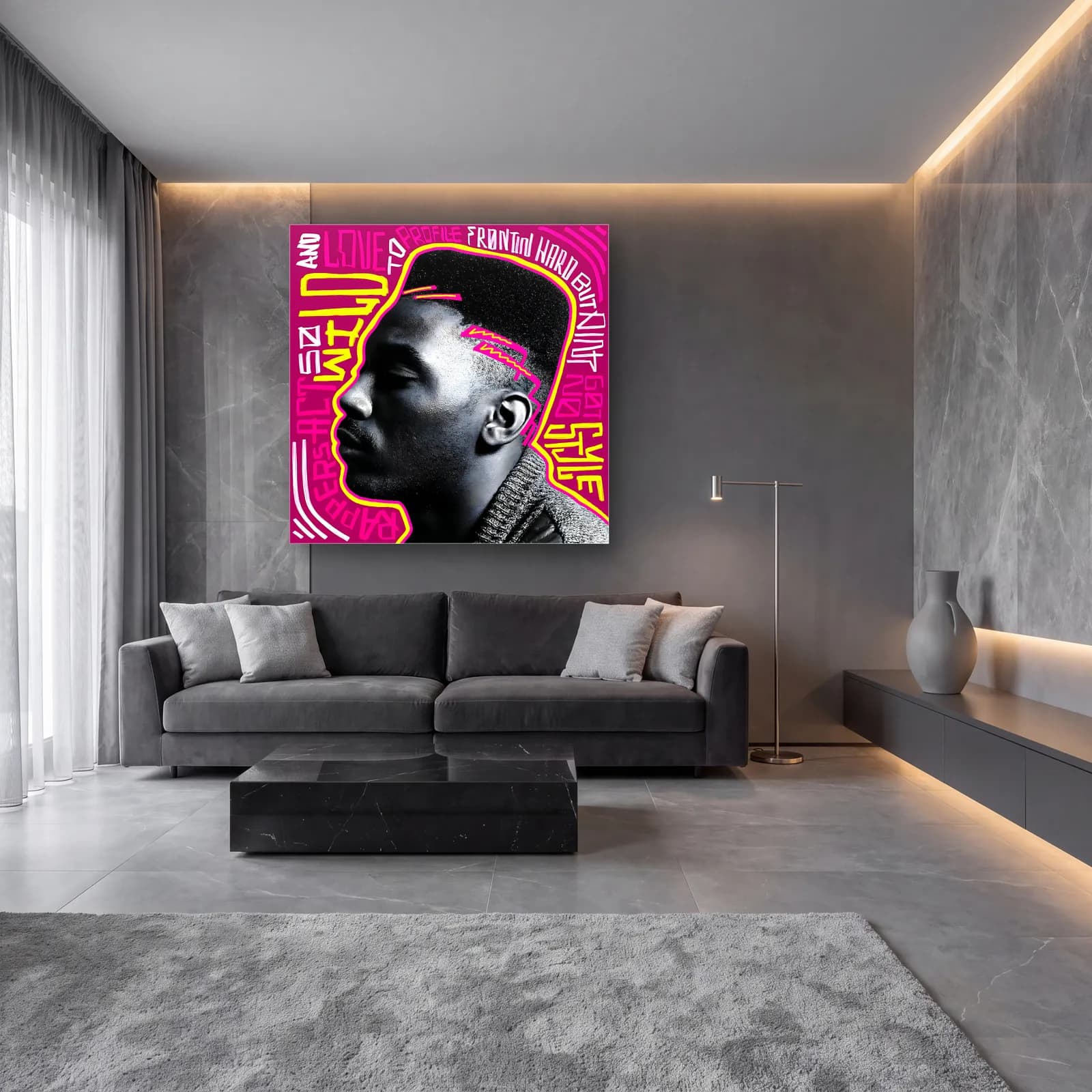 Pembe Grafiti Profil Portre cam tablo — lüks salon duvarında