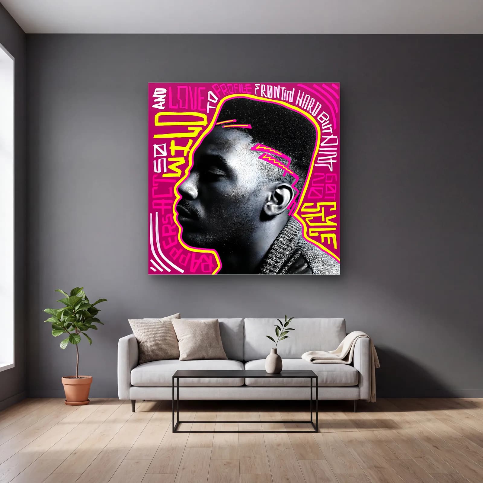 Pembe Grafiti Profil Portre cam tablo — gri duvarlı salonda