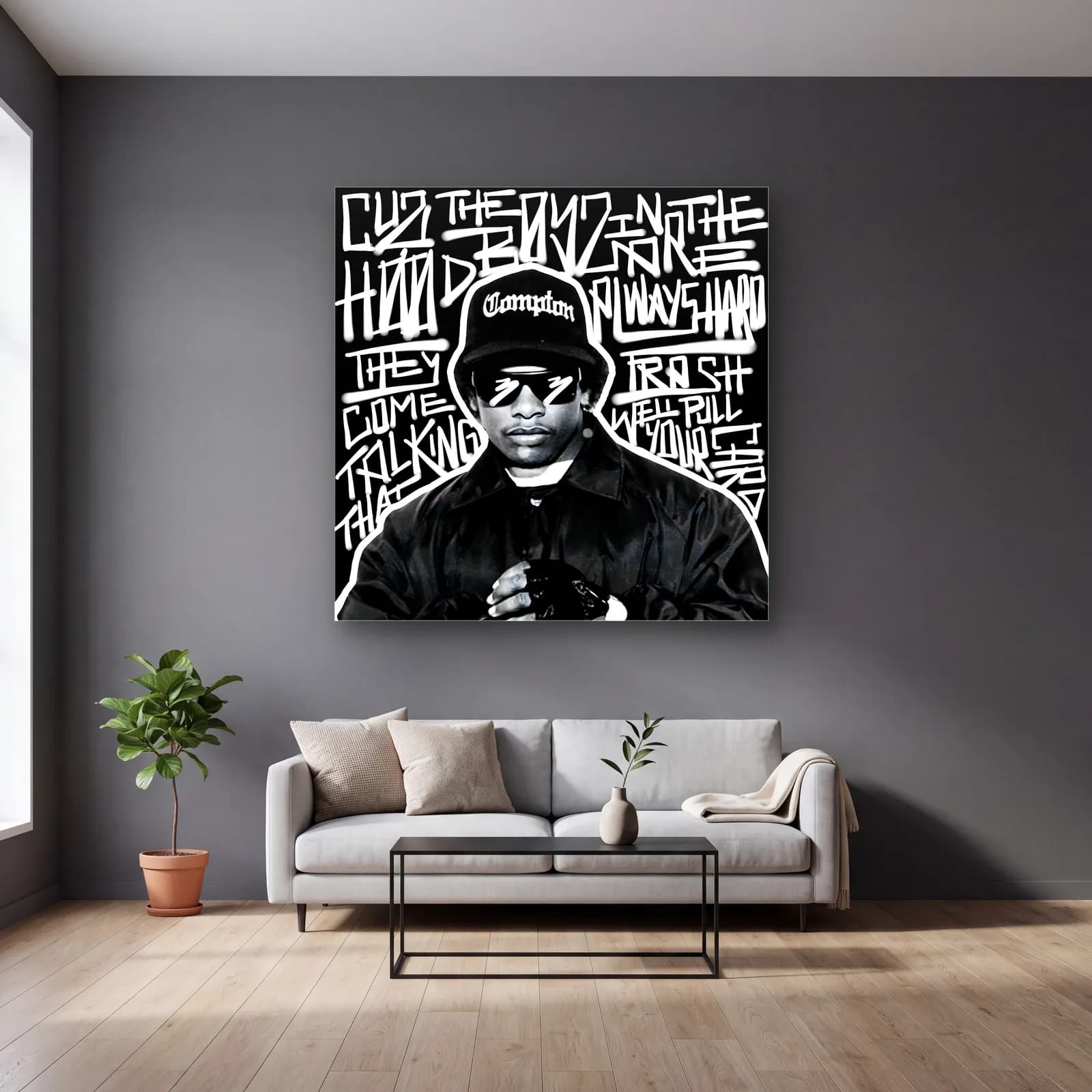 Eazy-E Compton Grafiti cam tablo — gri duvarlı salonda