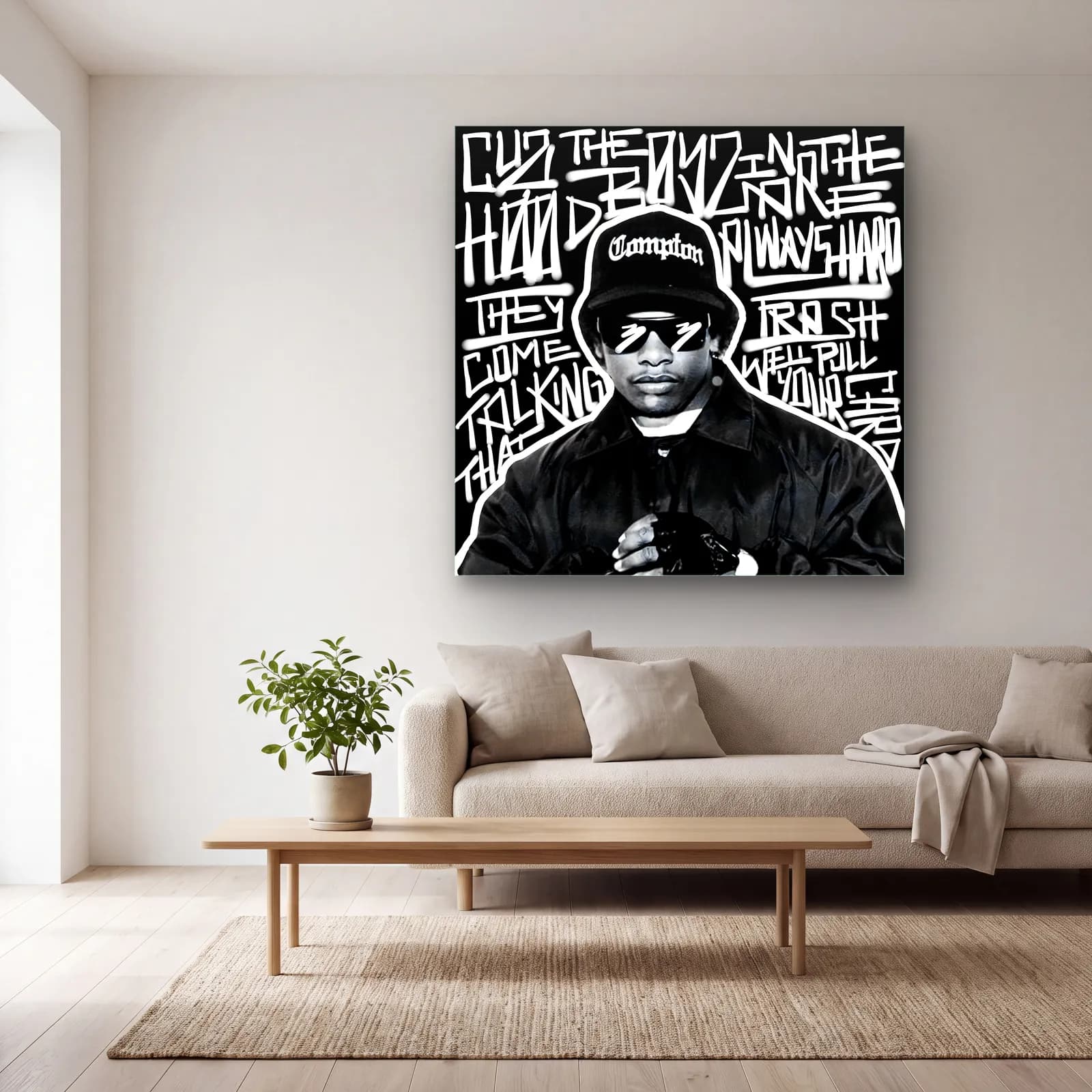 Eazy-E Compton Grafiti cam tablo — açık renk salonda