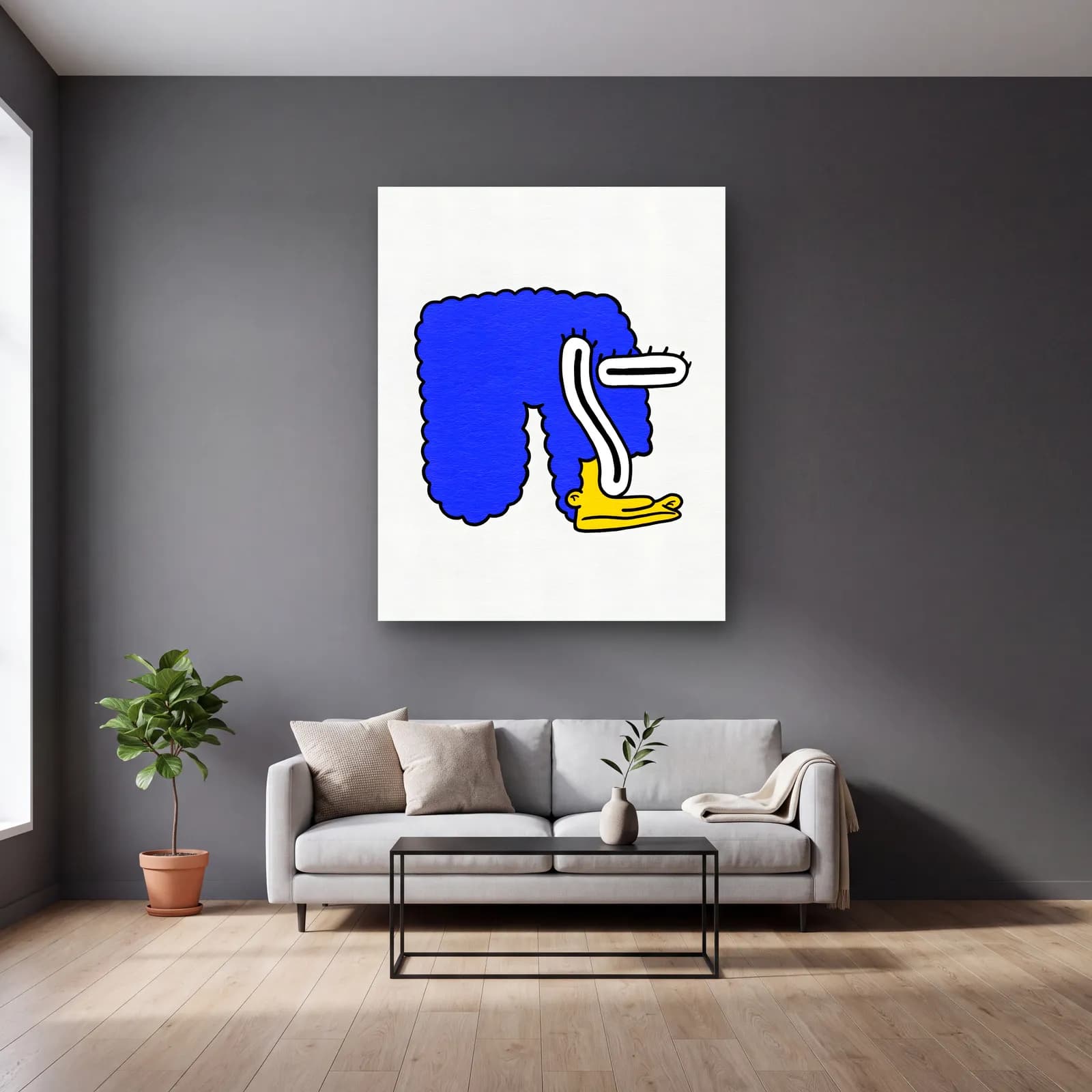 Soyut Marge Simpson cam tablo — gri duvarlı salonda