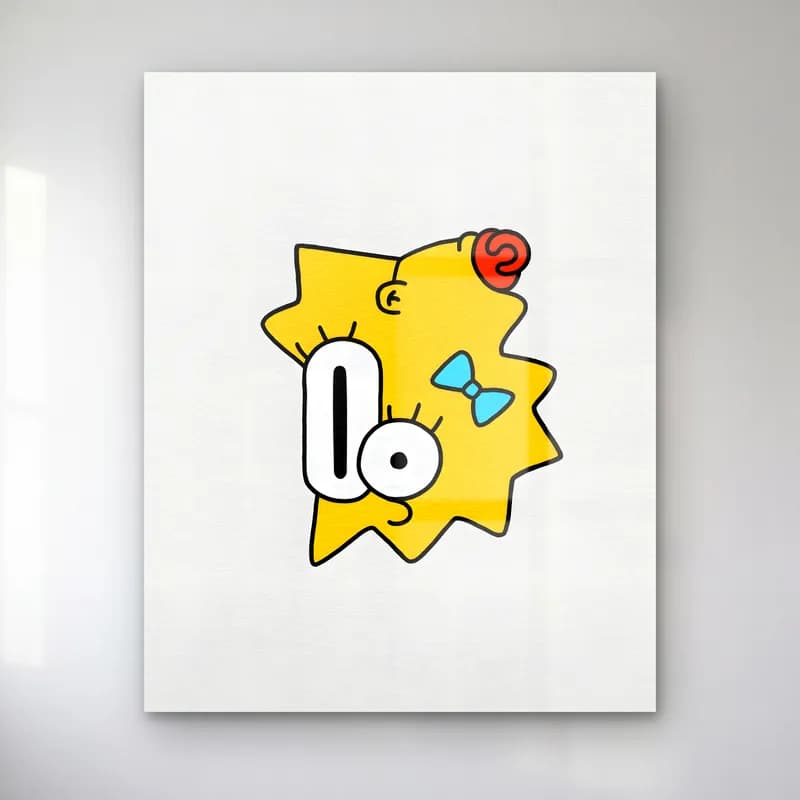 Soyut Maggie Simpson cam tablo — Beyaz zeminde mavi fiyonklu sarı Maggie Simpson'ın soyut minimal çizimi