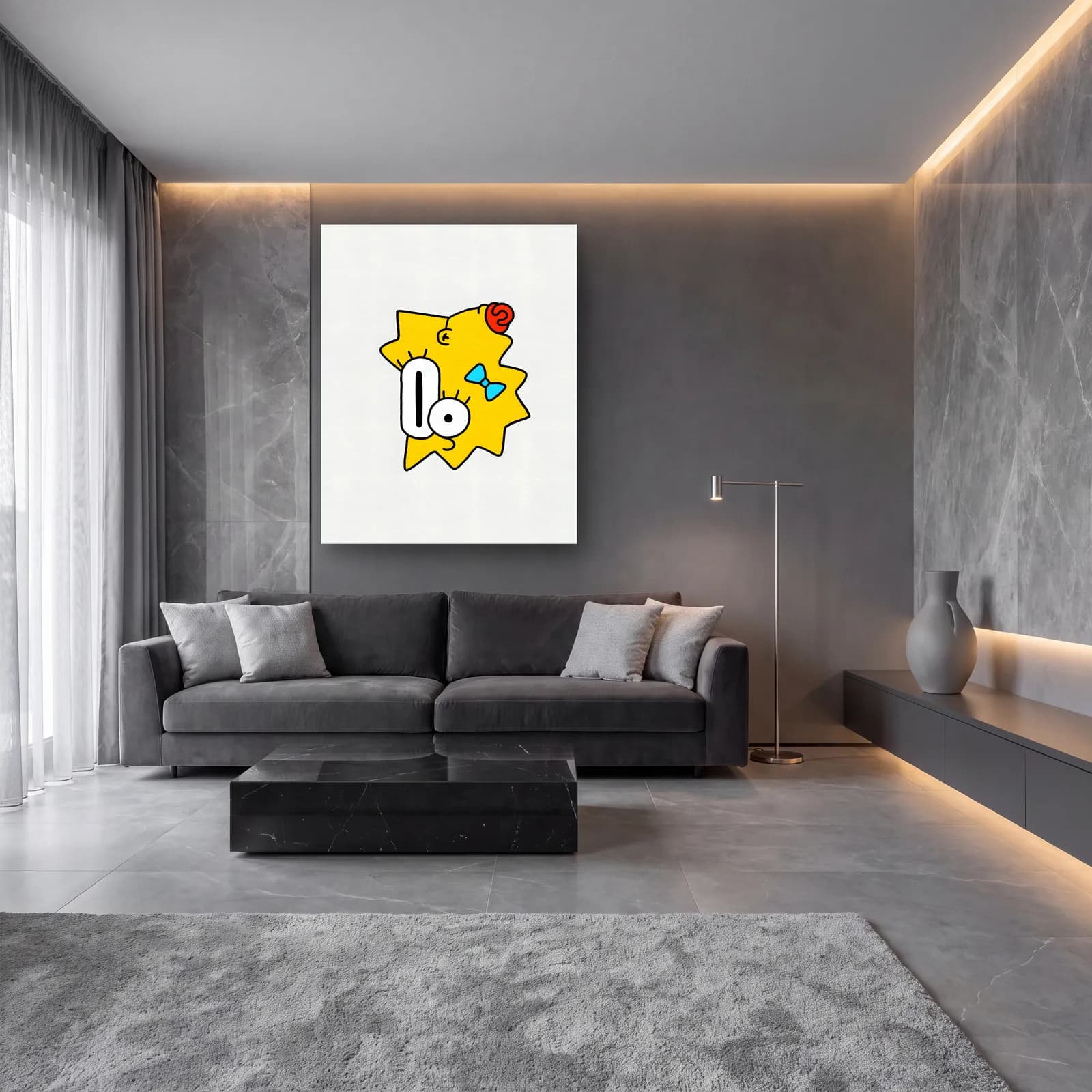 Soyut Maggie Simpson cam tablo — lüks salon duvarında