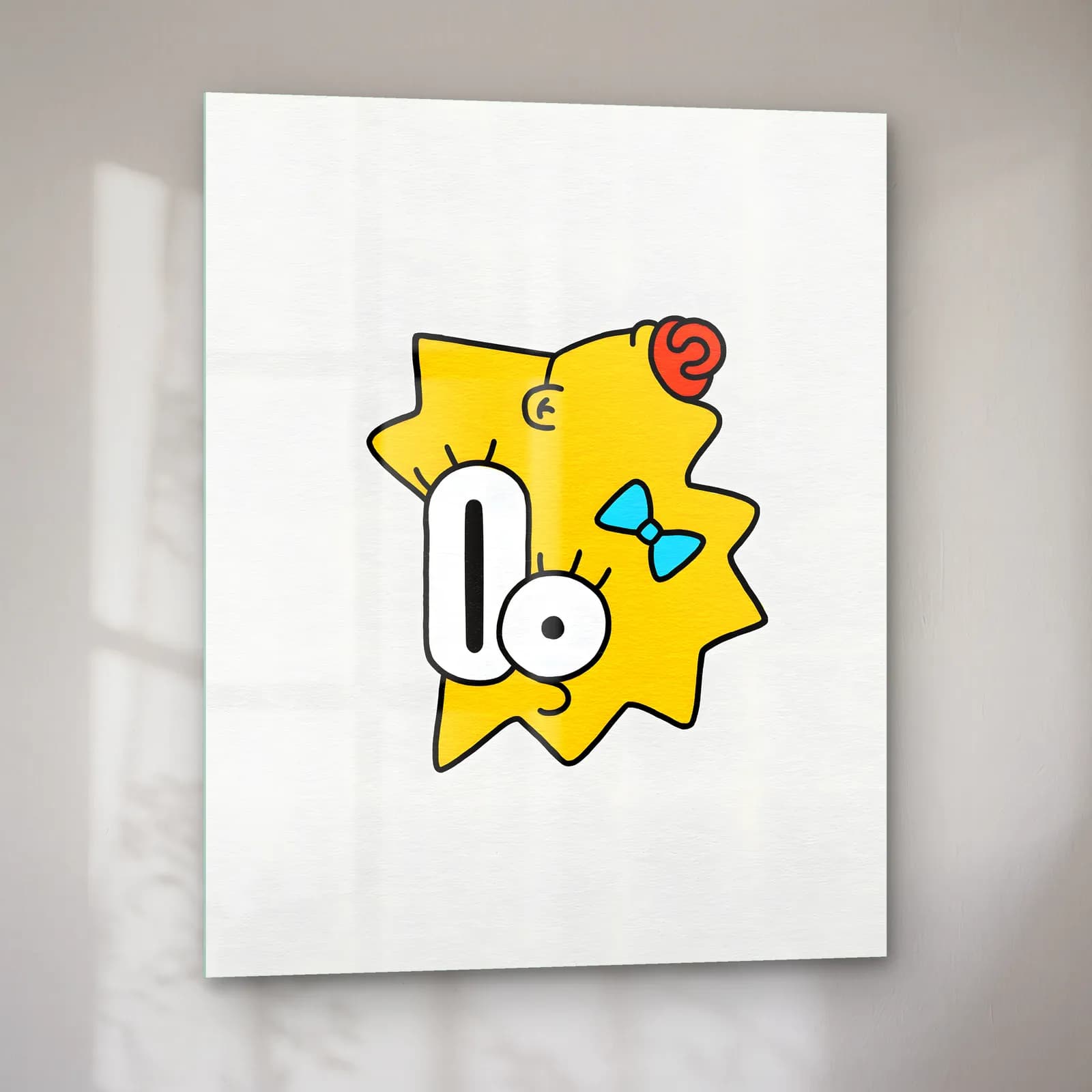 Soyut Maggie Simpson cam tablo — sol açıdan görünüm
