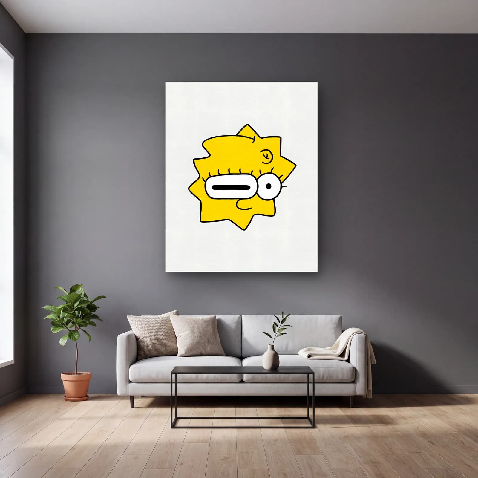 Soyut Lisa Simpson cam tablo — gri duvarlı salonda
