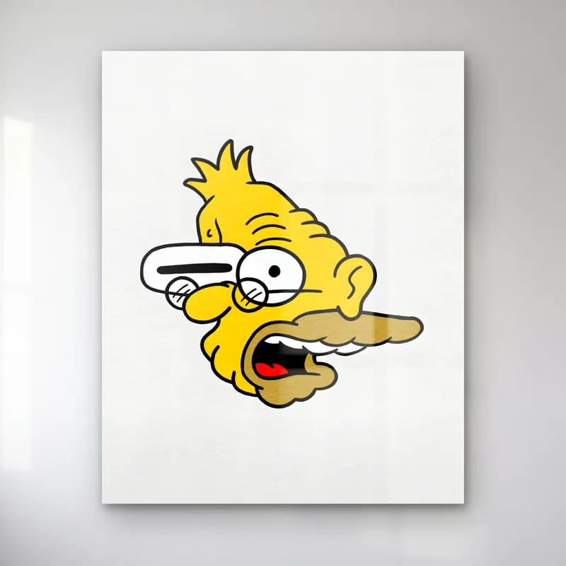 Soyut Büyükbaba Simpson cam tablo — Beyaz zeminde ağzı açık Büyükbaba Abe Simpson'ın soyut sarı yüz çizimi