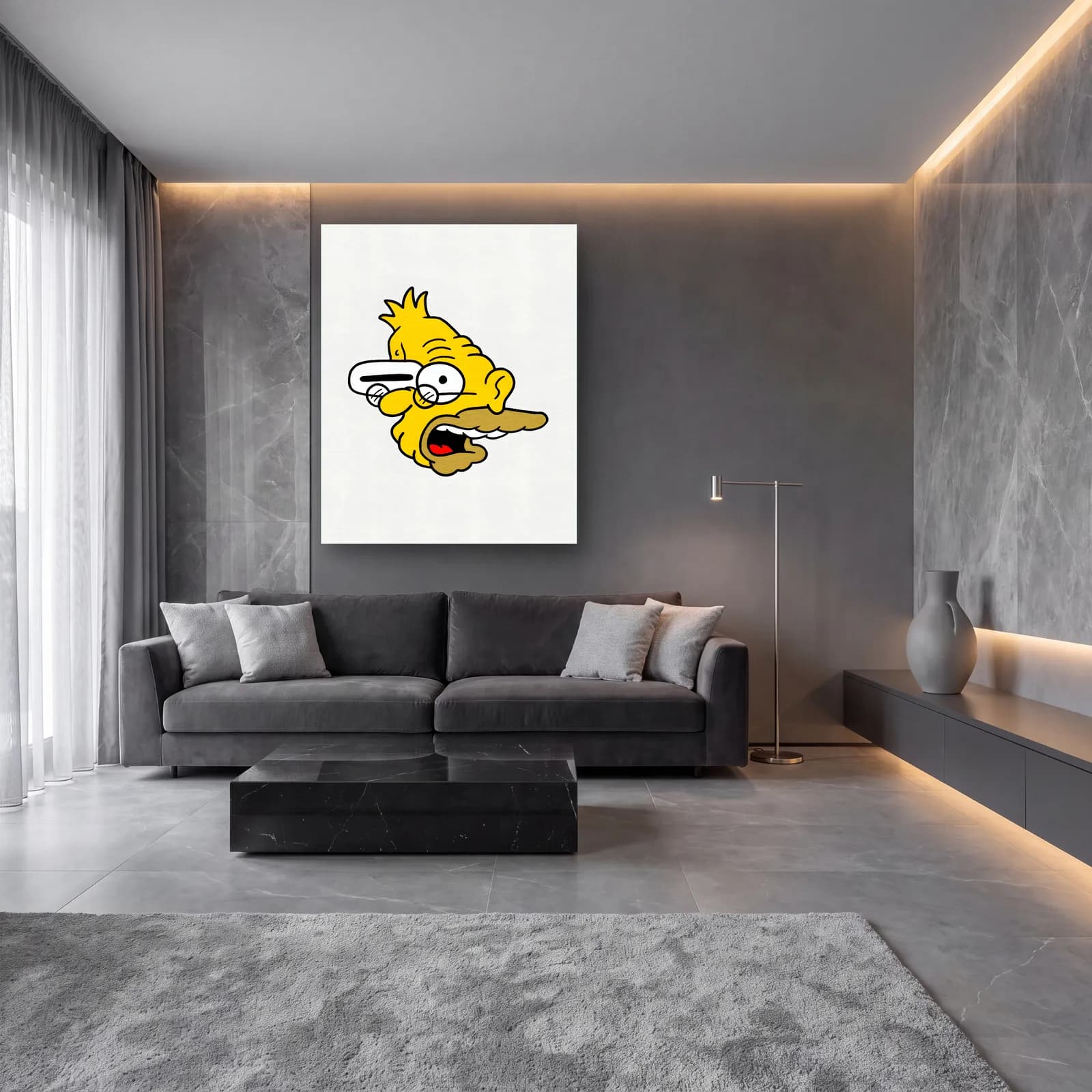 Soyut Büyükbaba Simpson cam tablo — lüks salon duvarında