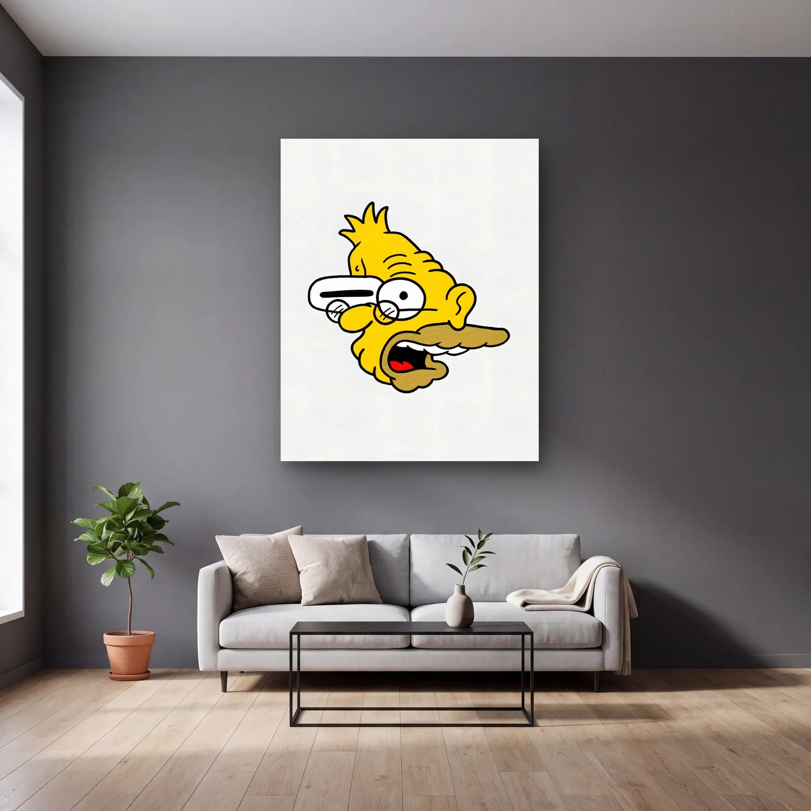 Soyut Büyükbaba Simpson cam tablo — gri duvarlı salonda