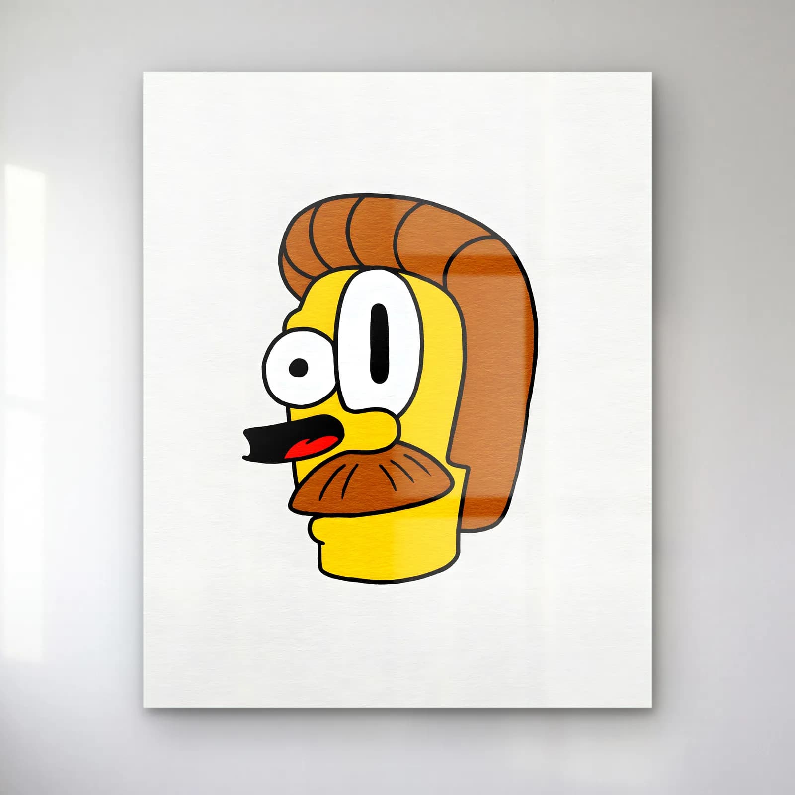 Soyut Ned Flanders cam tablo — Beyaz zeminde kahverengi saçlı bıyıklı Ned Flanders'ın soyut minimal çizimi