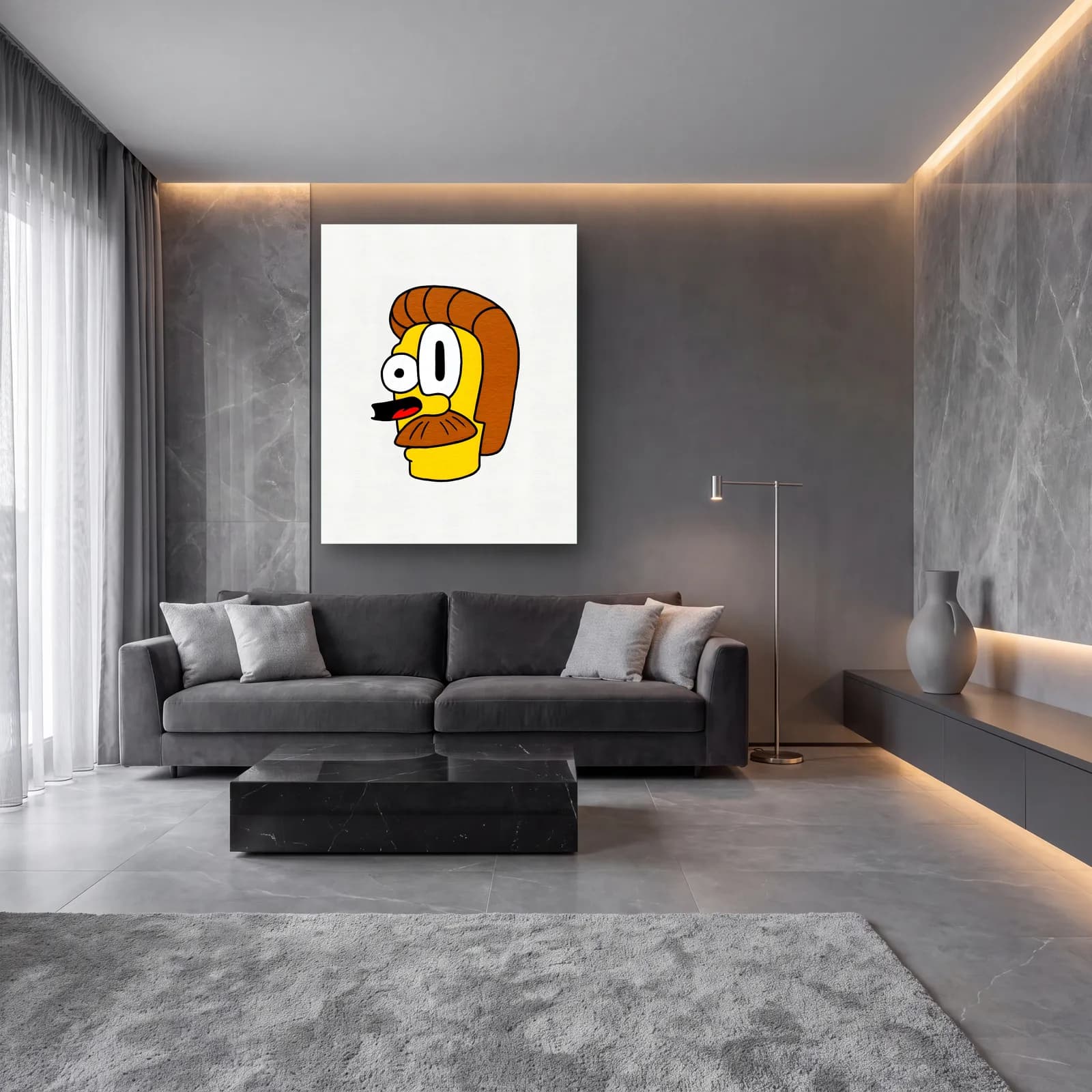 Soyut Ned Flanders cam tablo — lüks salon duvarında