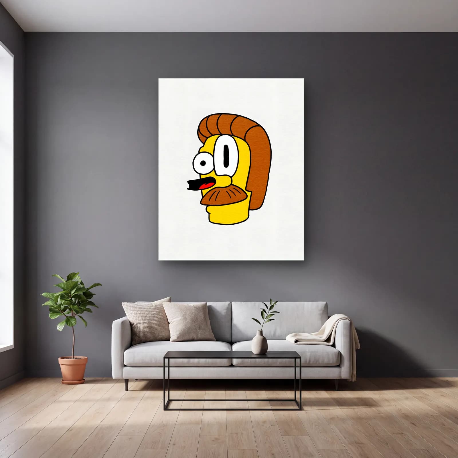 Soyut Ned Flanders cam tablo — gri duvarlı salonda
