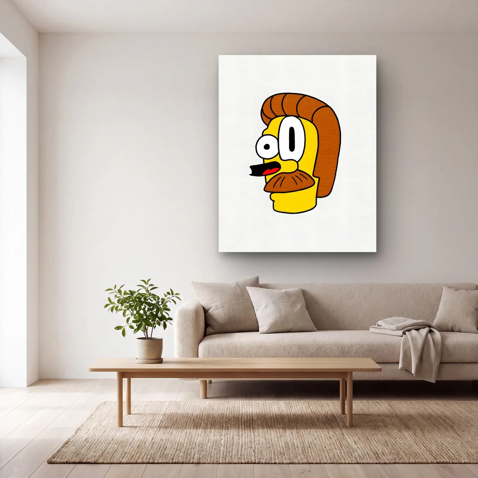 Soyut Ned Flanders cam tablo — açık renk salonda