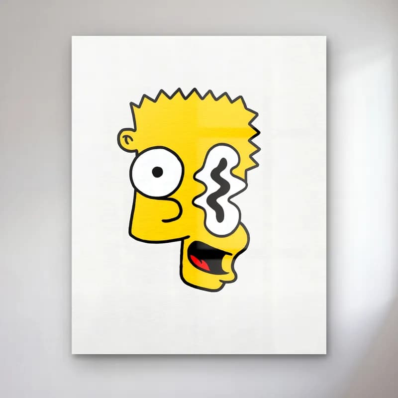 Soyut Bart Simpson cam tablo — Beyaz zeminde dikenli saçlı Bart Simpson'ın çarpık gözlü soyut yüz çizimi