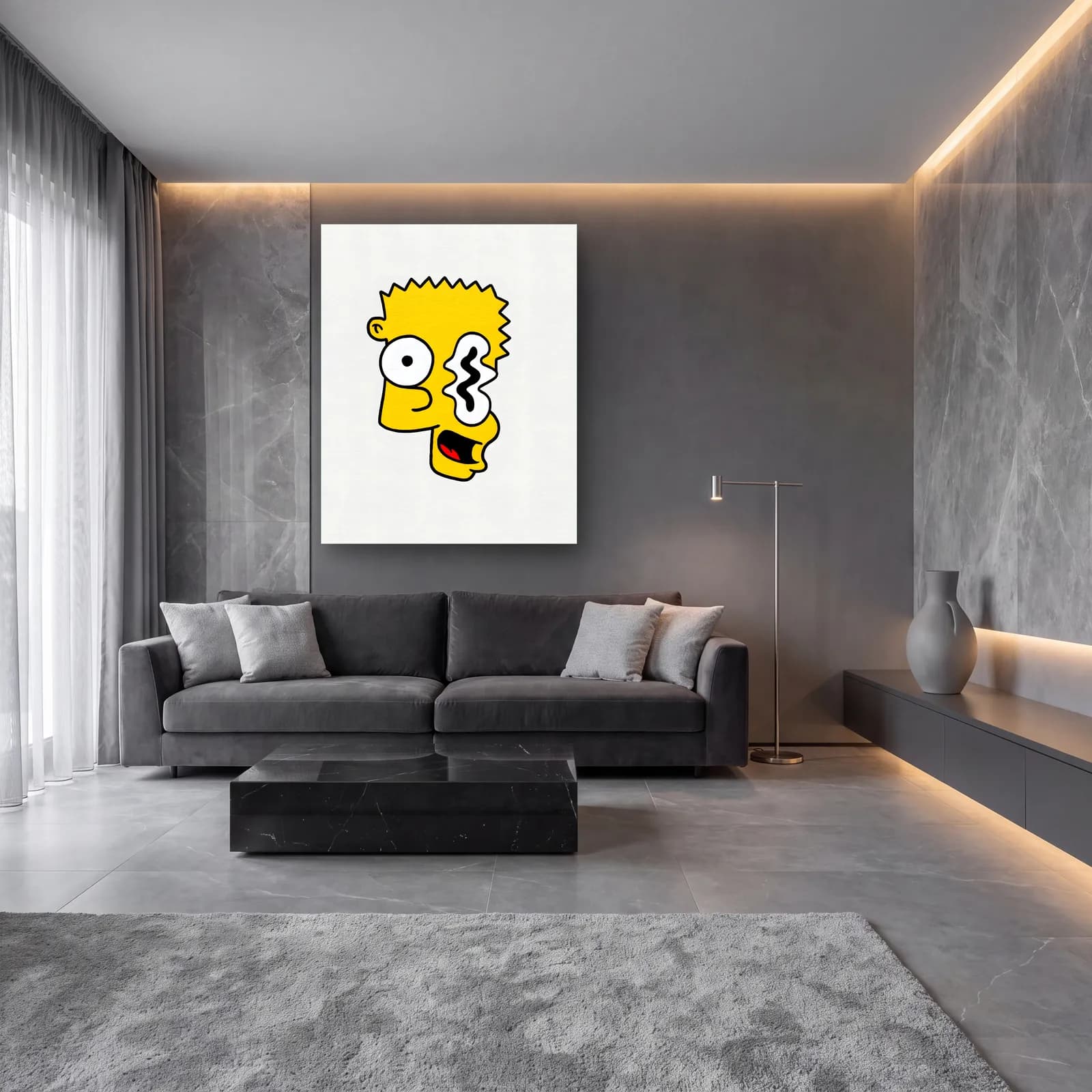 Soyut Bart Simpson cam tablo — lüks salon duvarında