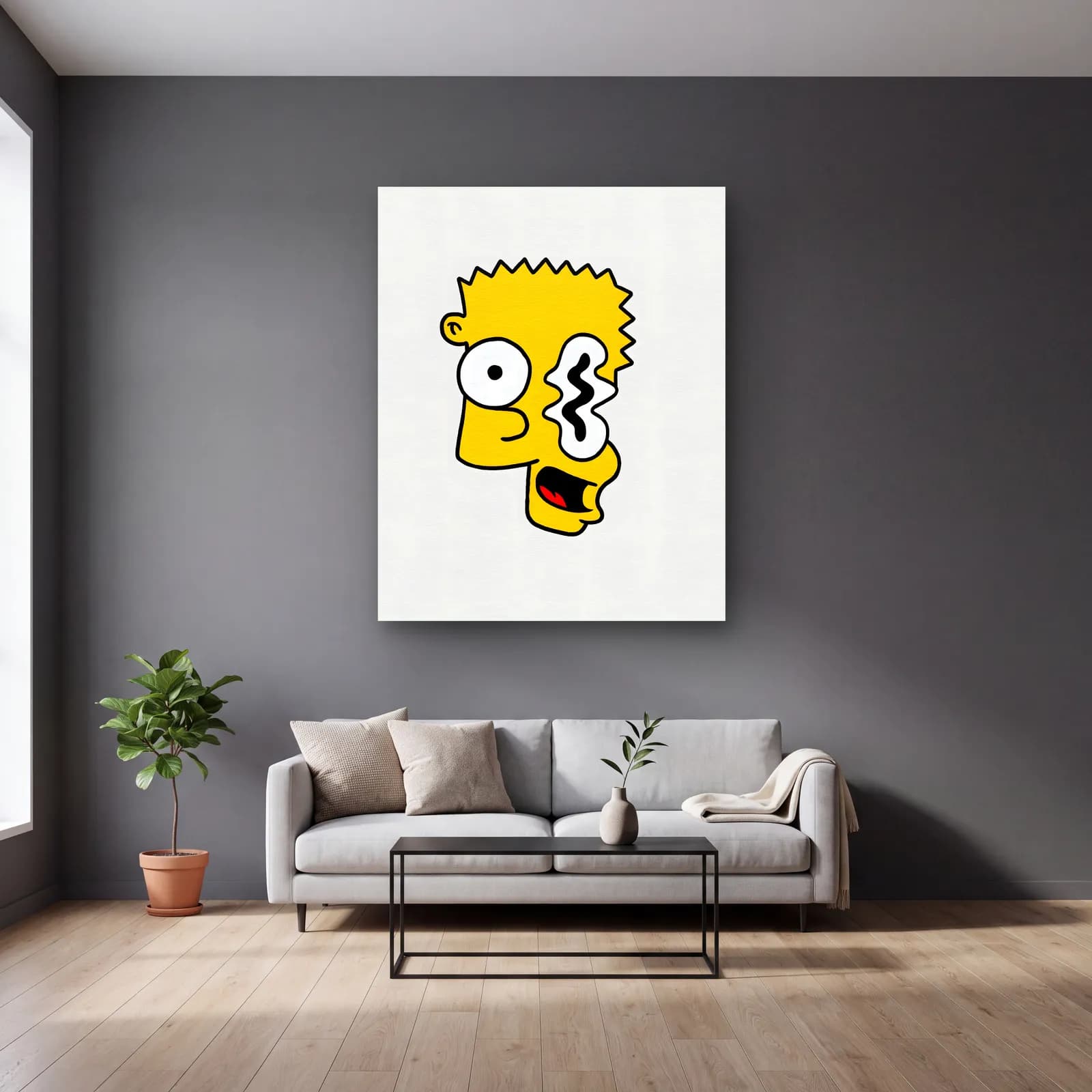 Soyut Bart Simpson cam tablo — gri duvarlı salonda