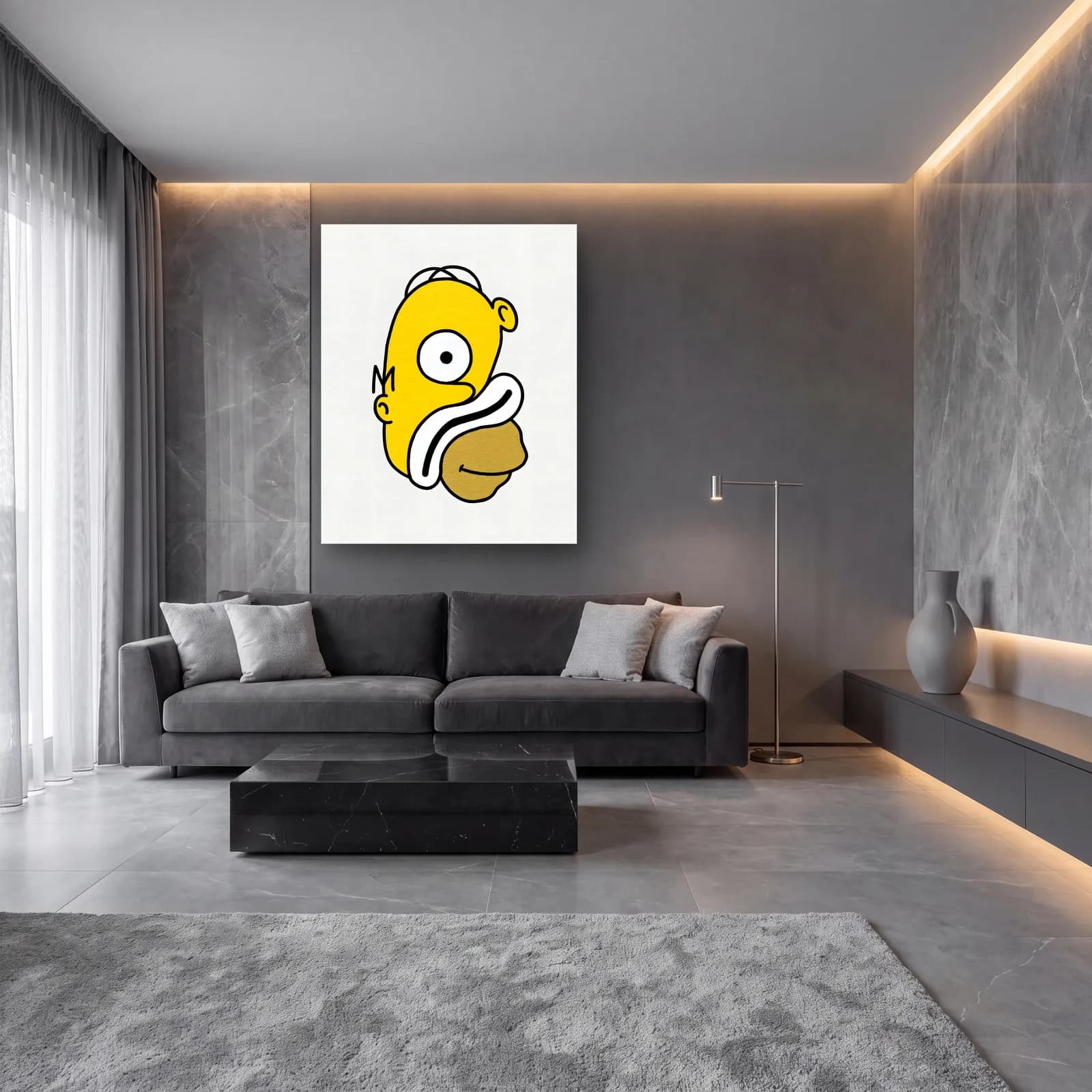Soyut Homer Simpson cam tablo — lüks salon duvarında