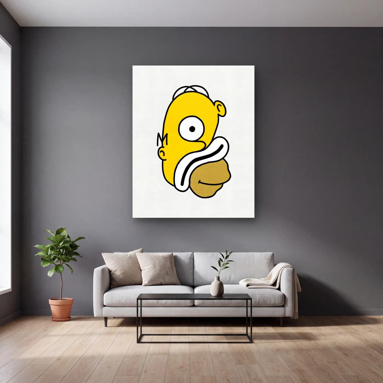 Soyut Homer Simpson cam tablo — gri duvarlı salonda