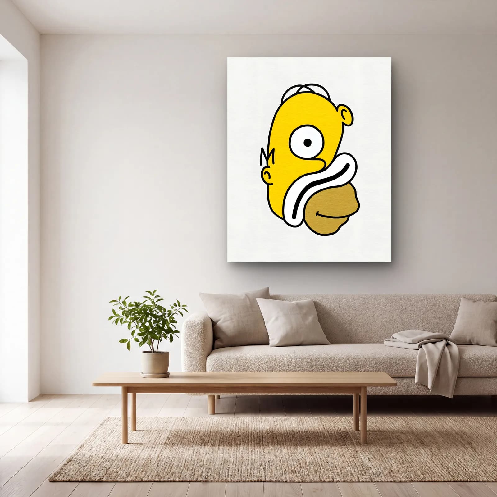 Soyut Homer Simpson cam tablo — açık renk salonda