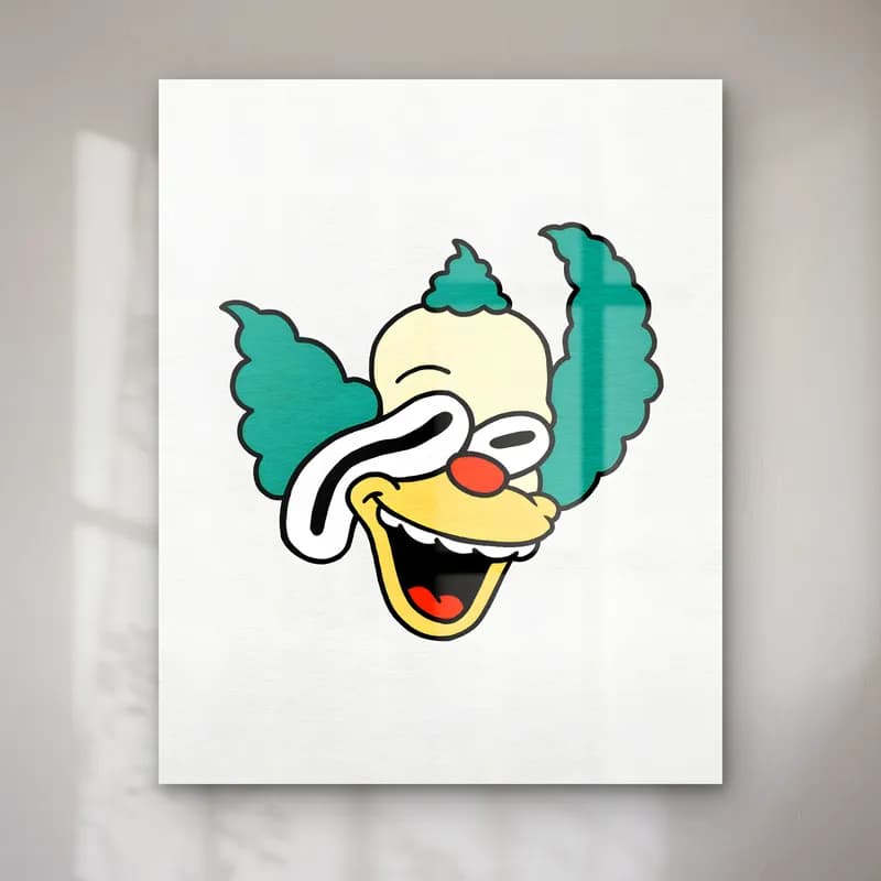 Soyut Palyaço Krusty cam tablo — Beyaz zeminde yeşil saçlı, kırmızı burunlu gülen Palyaço Krusty'nin soyut çizimi
